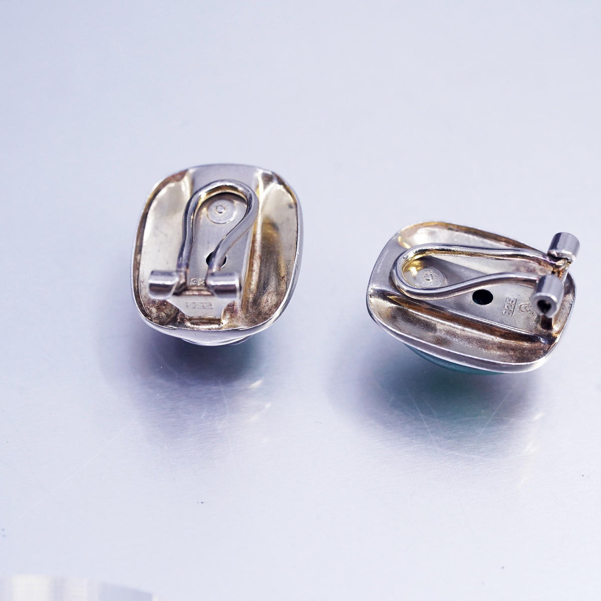 Vintage Sterling 925 silver handmade earrings, clip on w/ black onyx malachite