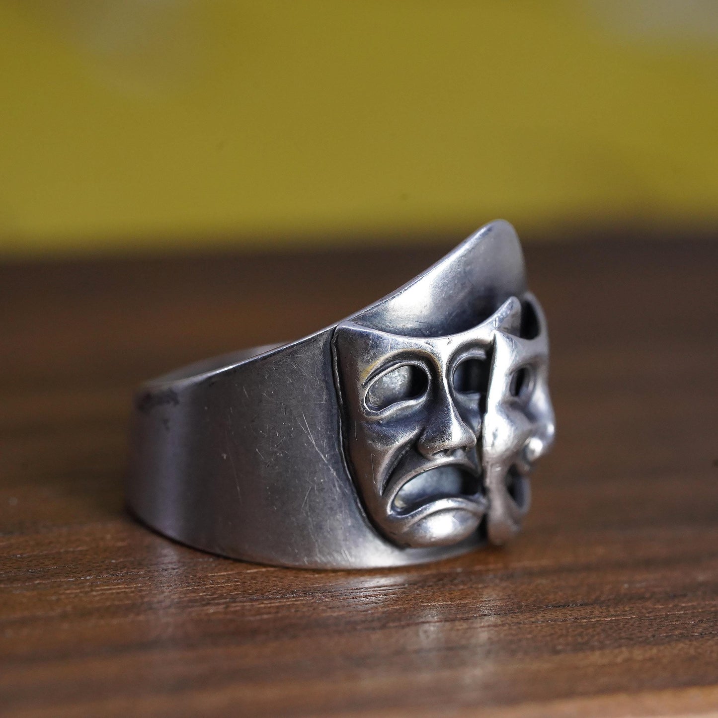 Size 6, Vintage 925 Sterling Silver Comedy Tragedy Mask Ring Theater Drama Band