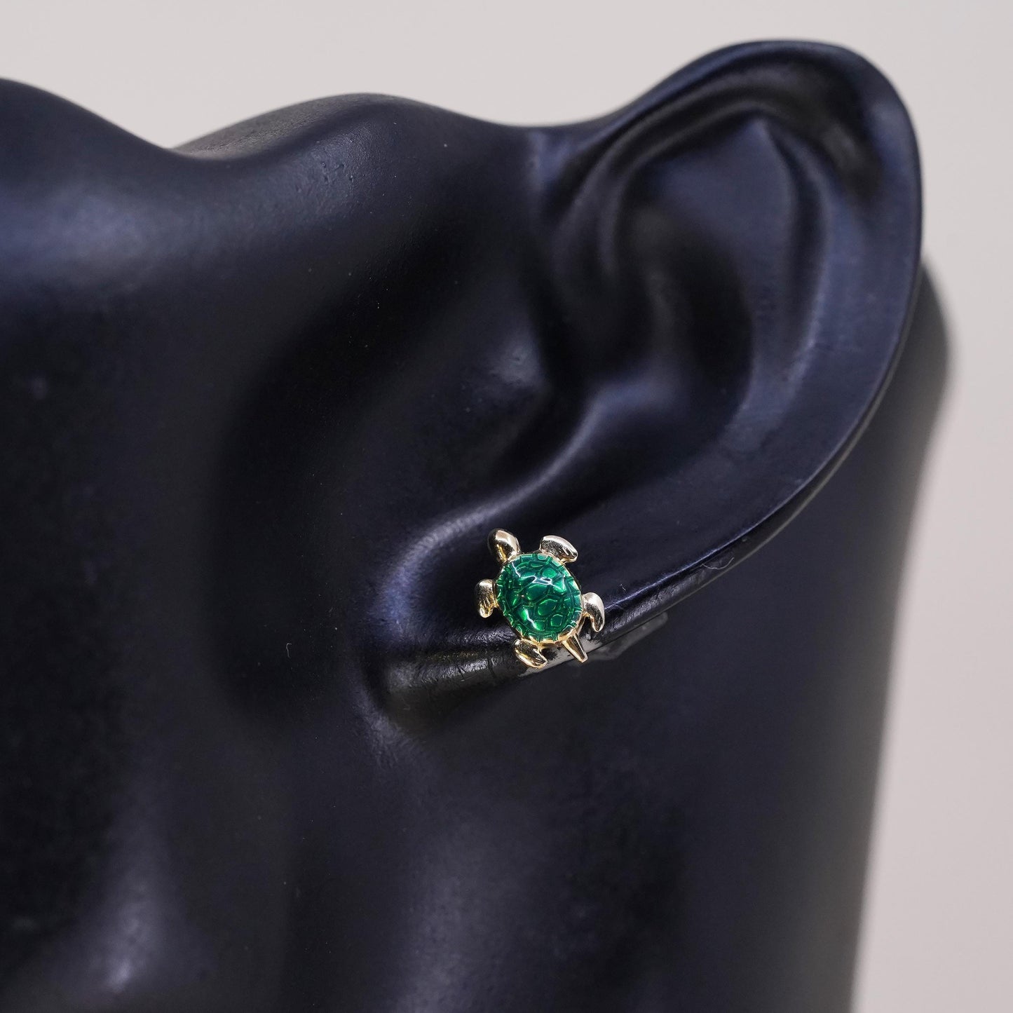 vermeil gold over single earring. Sterling 925 silver green enamel turtle stud