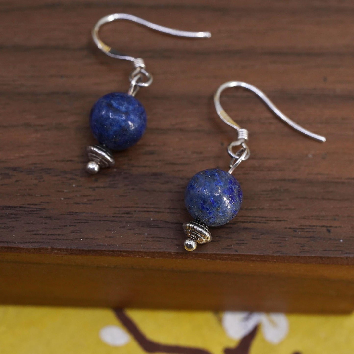 Vintage sterling 925 silver handmade earrings with lapis lazuli bead