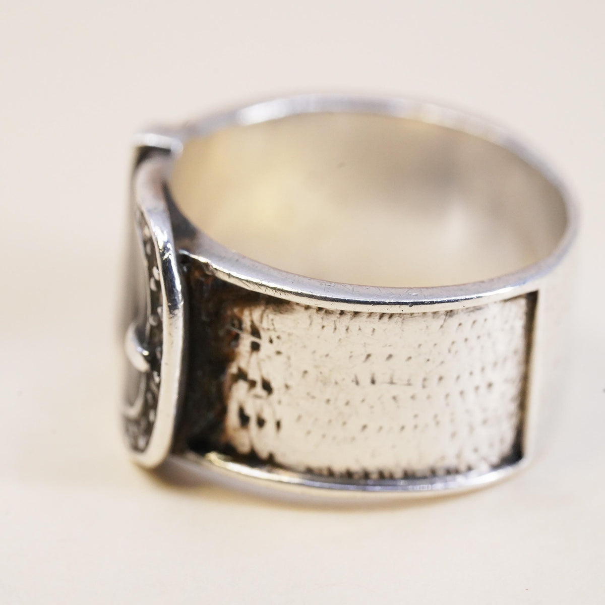 Size 8, VTG Sterling Silver 925 Belt Buckle Ring, Onyx Buckle Band, Marcasite