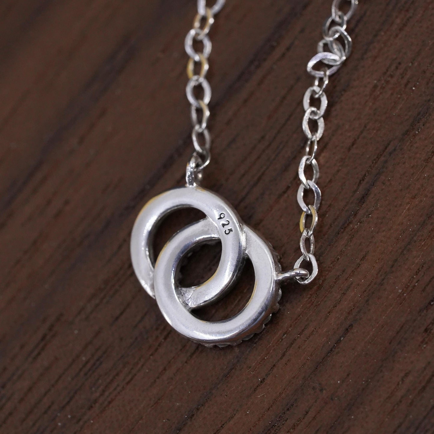 16+2”, vintage Sterling silver necklace, 925 flatten Cz entwined circle pendant