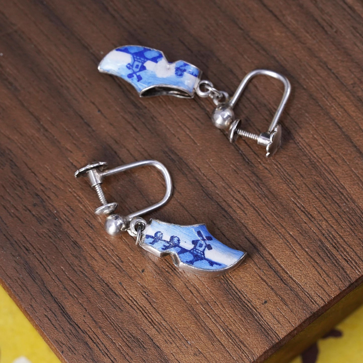 sterling silver handmade earrings, 925 Dutch wooden enamel shoes, symbol