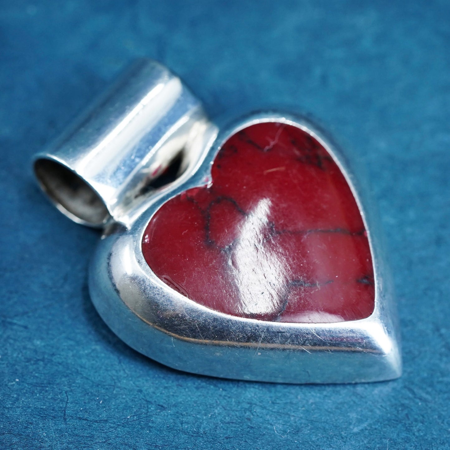 Vintage sterling silver handmade pendant, 925 heart with red jasper
