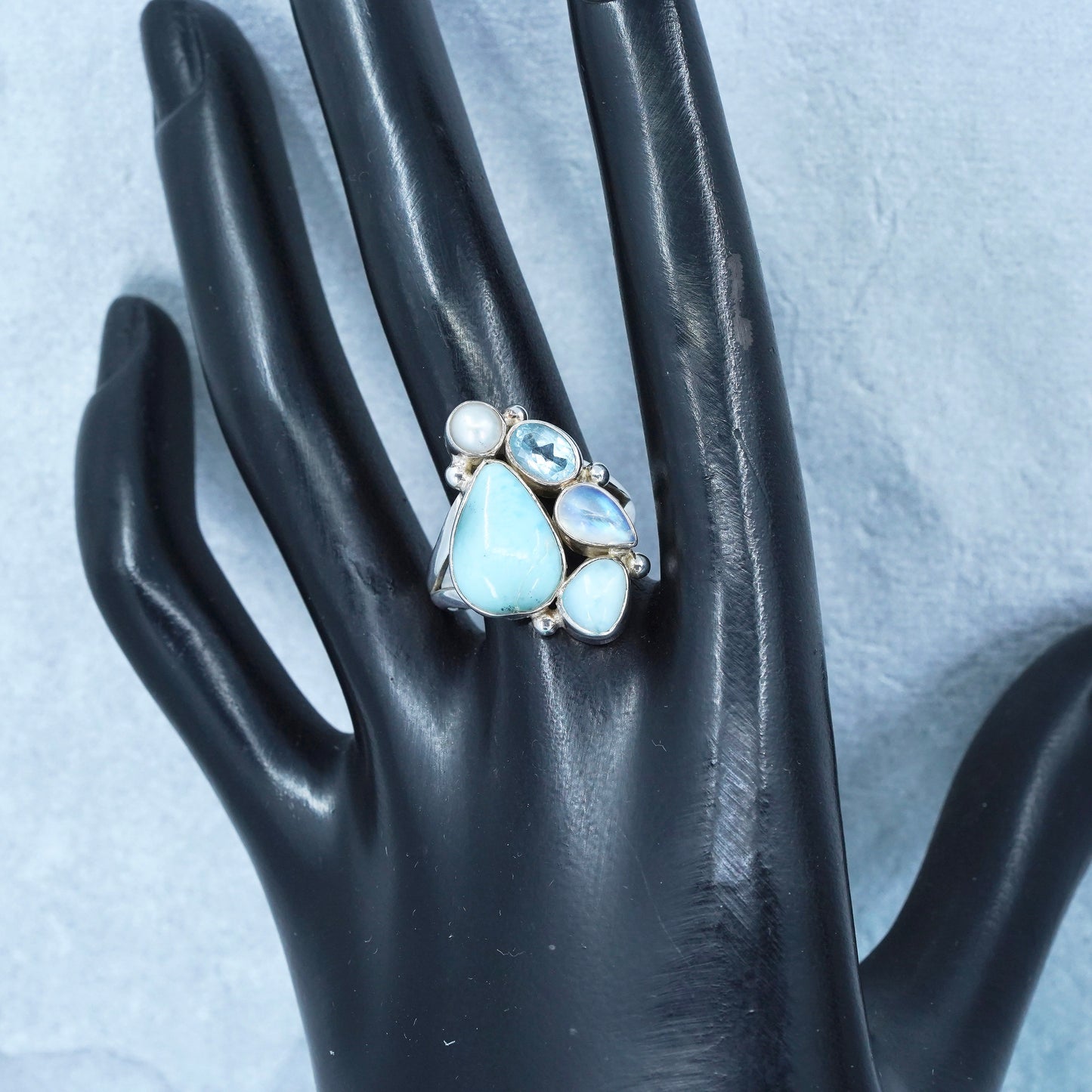 Size 8.75, vintage Sterling 925 silver ring with Larimar, moonstone and pearl