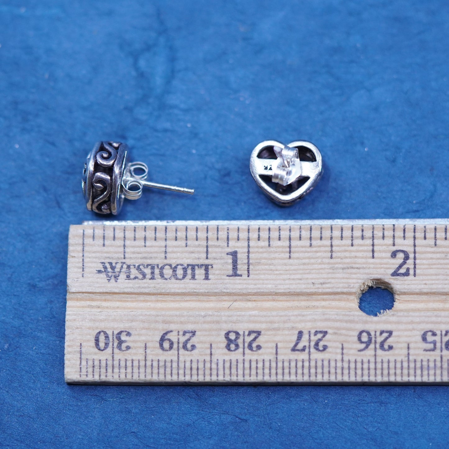 vintage Sterling silver handmade earrings, filigree 925 heart studs