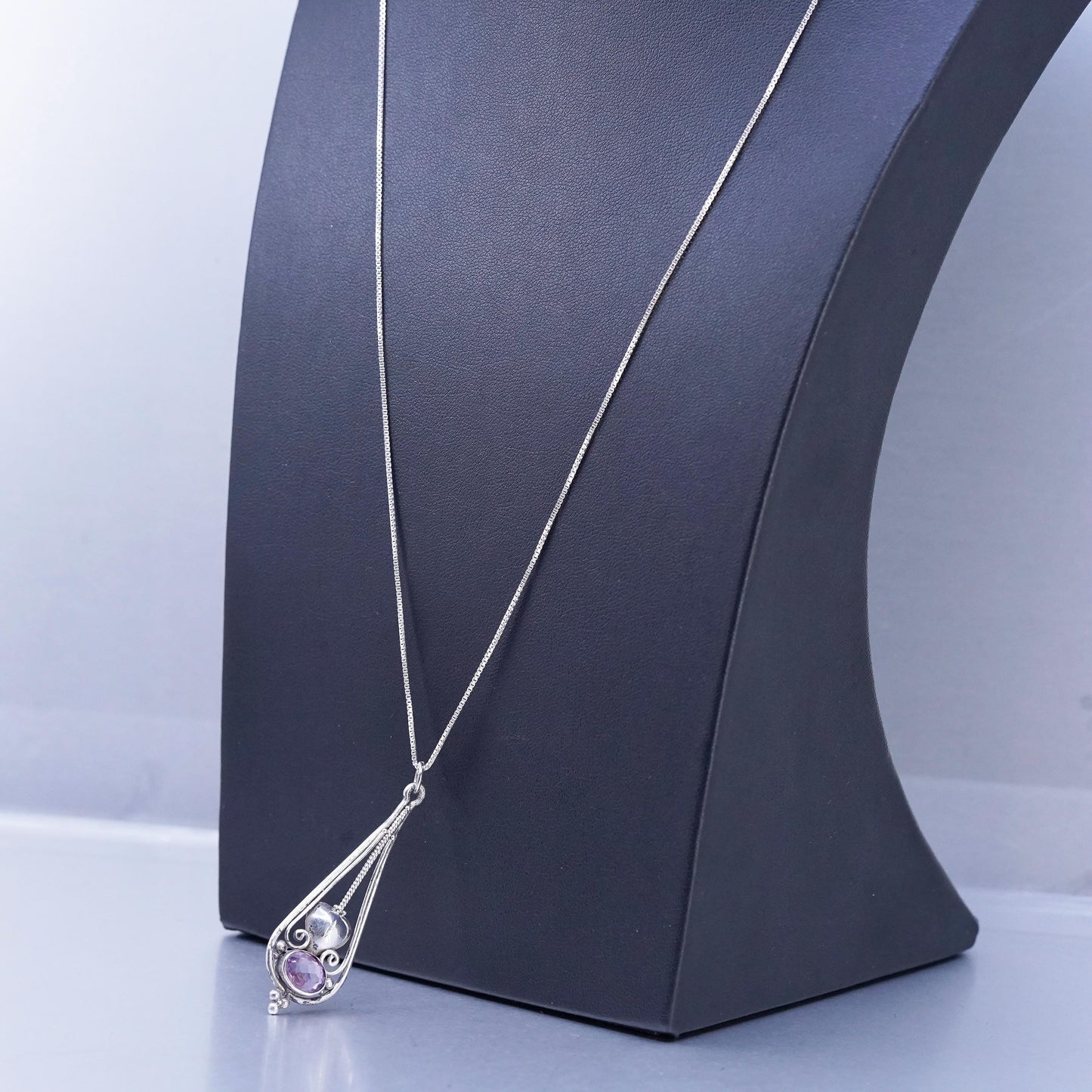 24", Vintage Sterling 925 silver box chain necklace teardrop amethyst pendant
