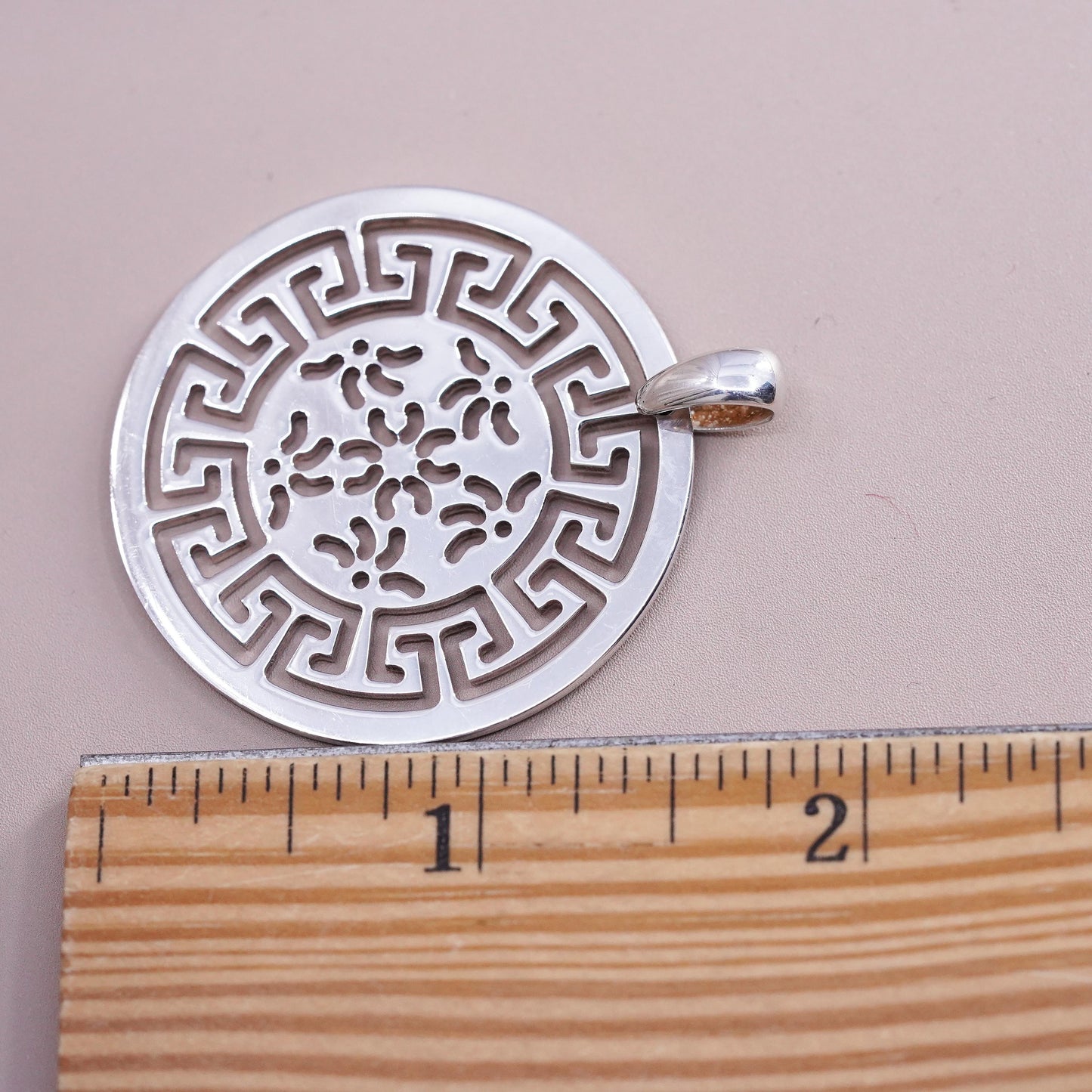 Vintage Italian M Sterling silver handmade pendant, 925 Greek key floral circle