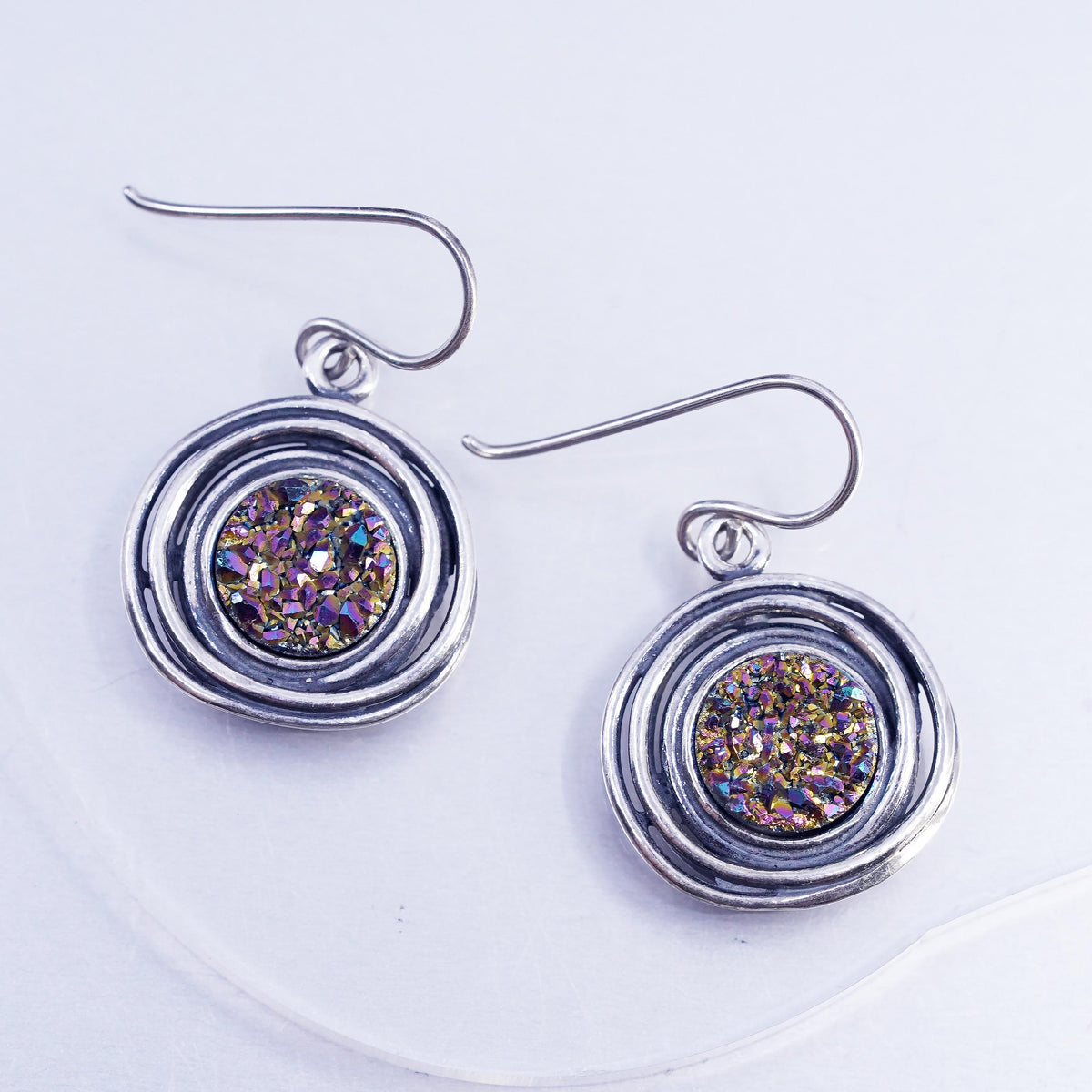 Vintage PZ Paz Israel Sterling Silver 925 disc earrings druzy rainbow pyrite