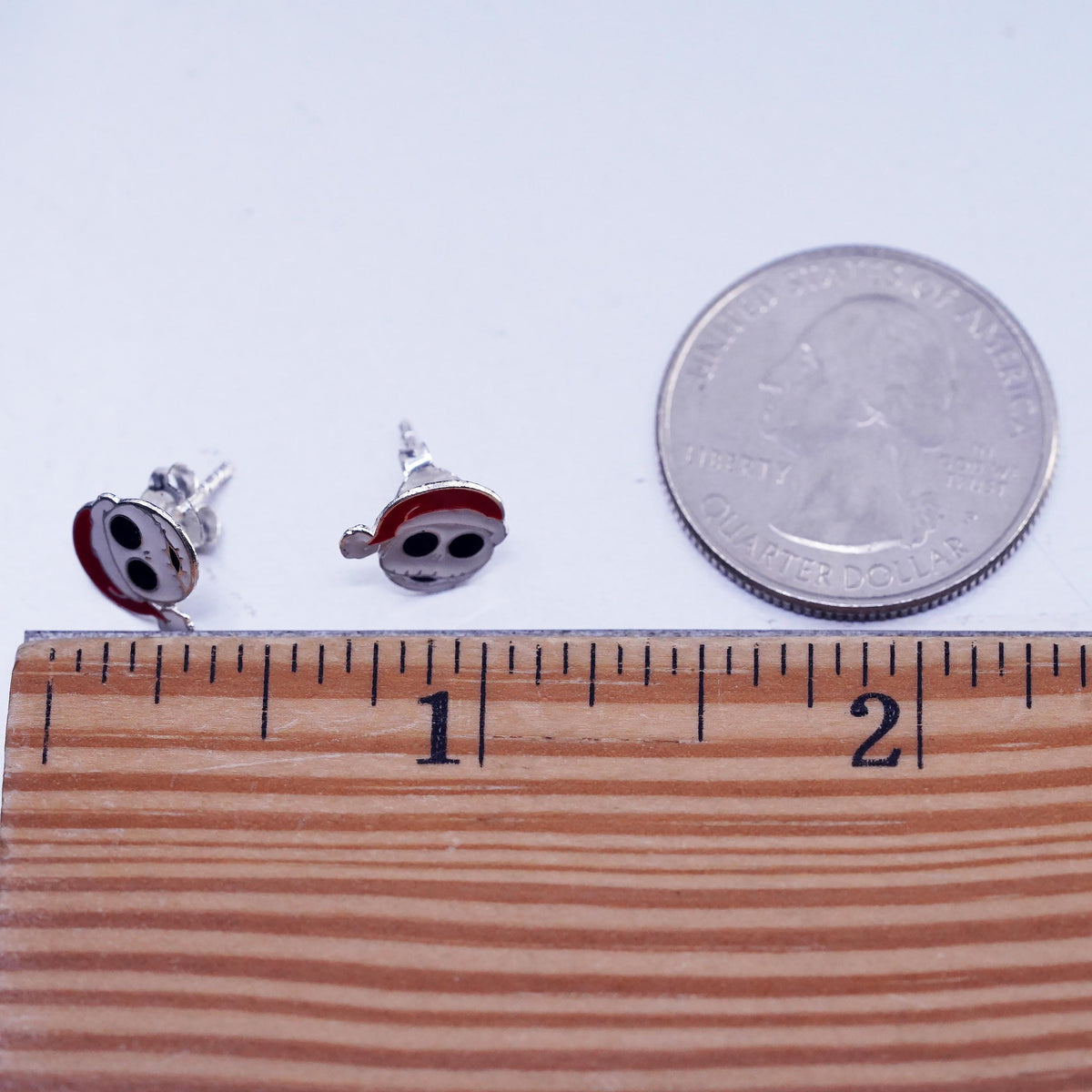 Jack Santa Hat Earrings, Christmas Skeleton Enamel Sterling 925 Silver Studs