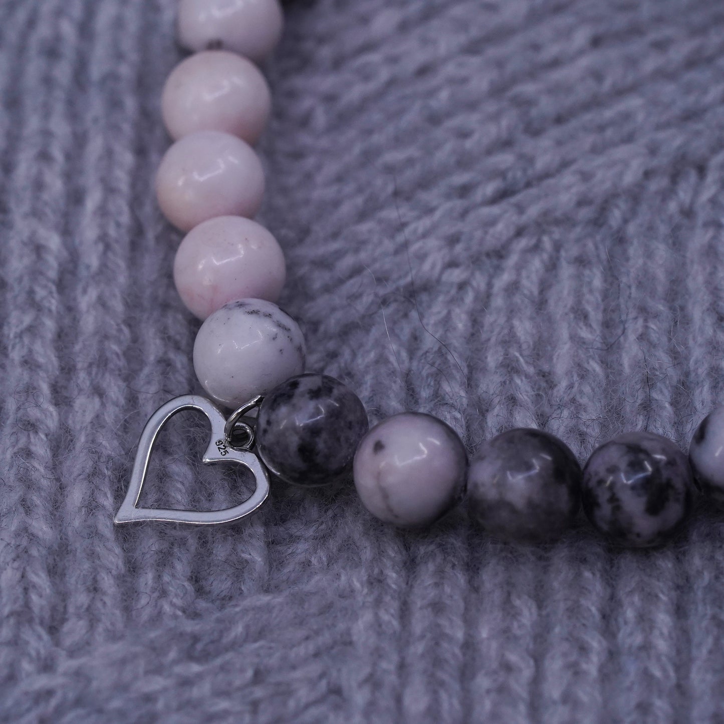 6.75”, handmade pink quartz beads Bracelet with sterling 925 silver heart charm