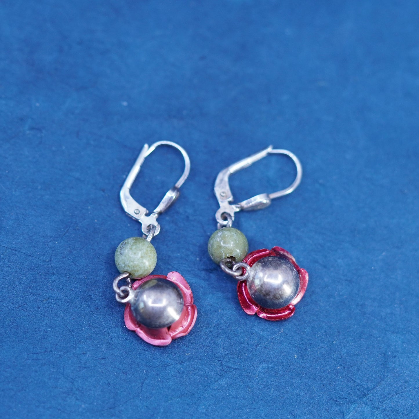 Vintage Sterling 925 silver handmade earrings jade bead and rose flower dangles
