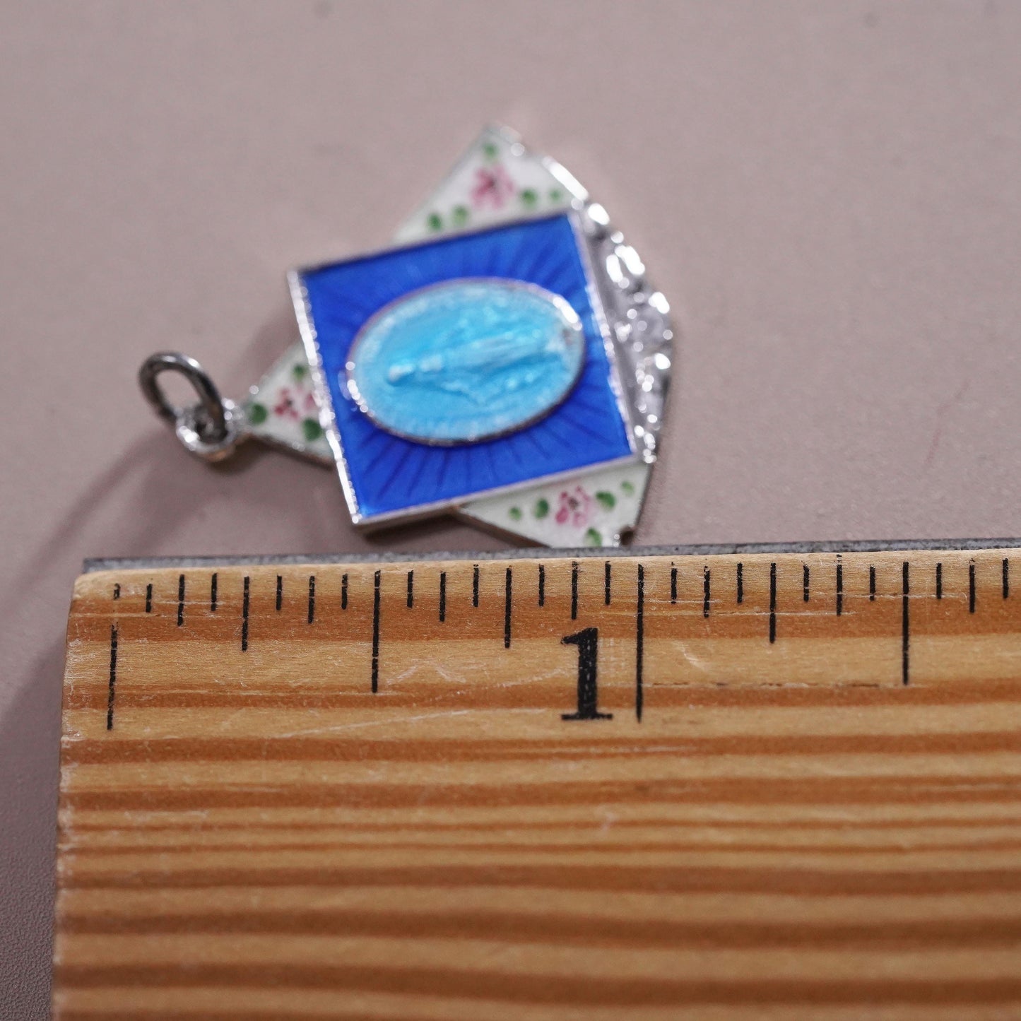 1950’s sterling 925 silver enamel miraculous Virgin Mary medal charm pendant