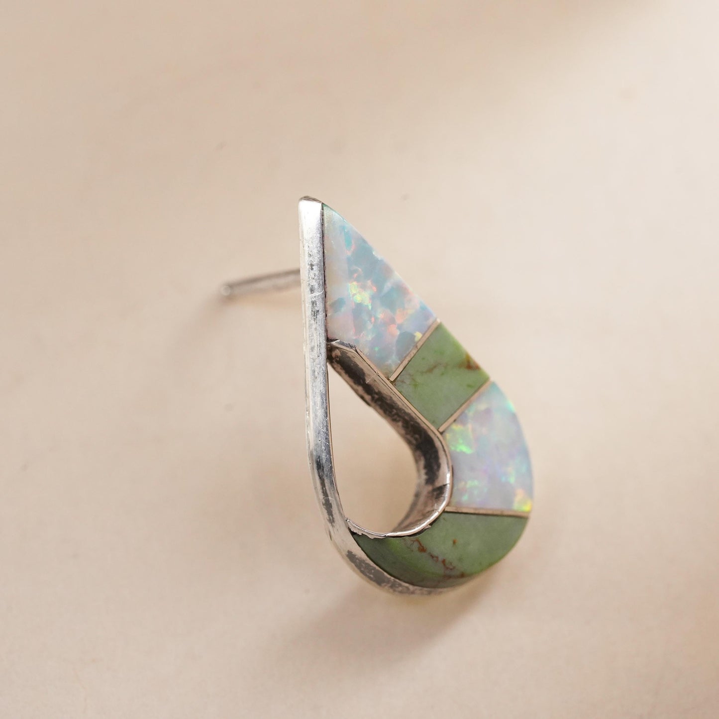 Native American Zuni single earring. Sterling 925 silver teardrop stud opal