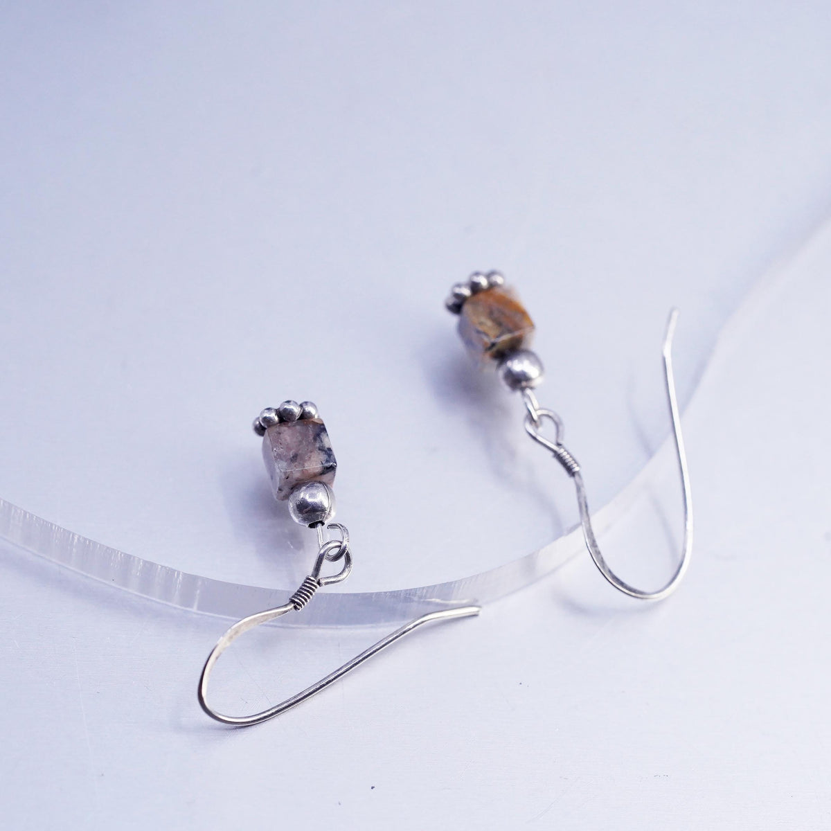 Vintage Sterling Silver handmade Earrings, 925 Silver with Agate Inlay