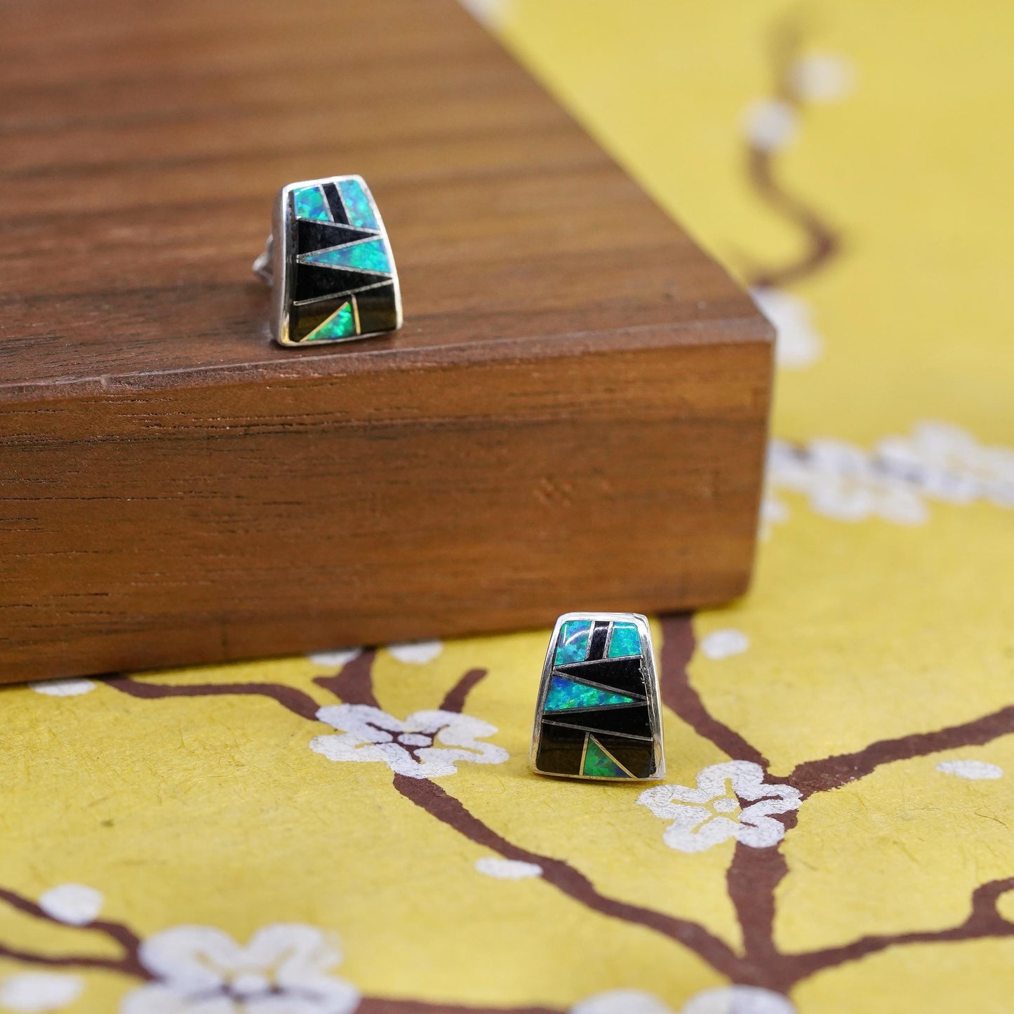 Native American Sterling 925 silver handmade zuni studs earrings onyx opal