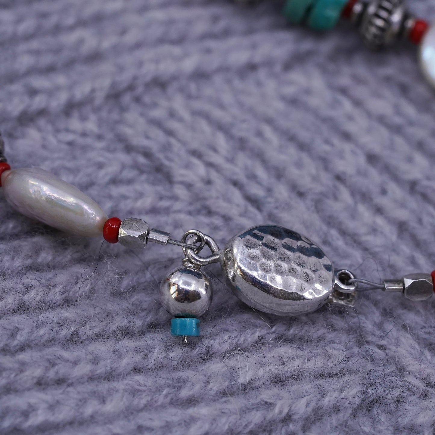7.5”, sterling silver bracelet, Native American navajo turquoise and coin pearl