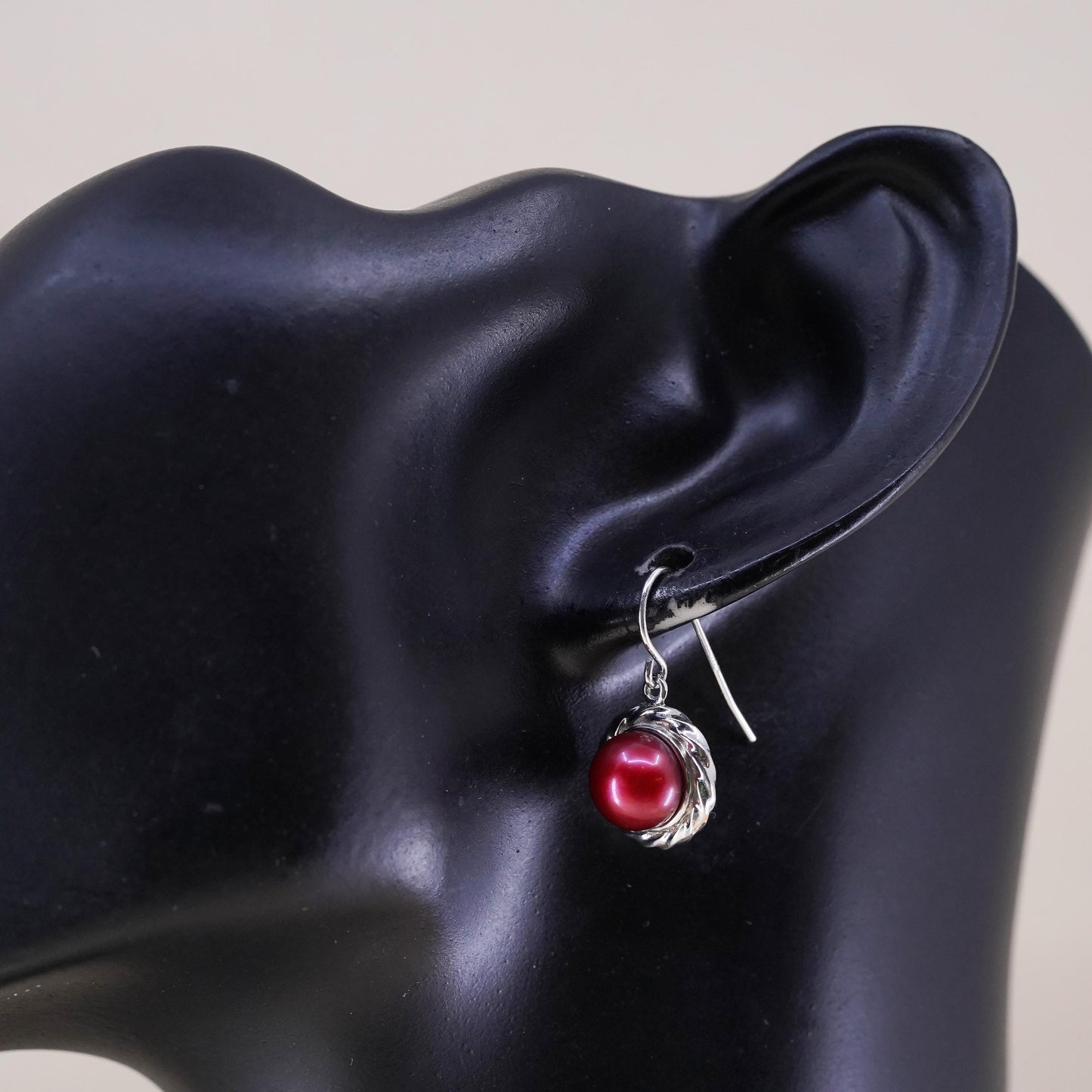 Vintage Sterling silver handmade earrings, 925 hooks with red pearl drops