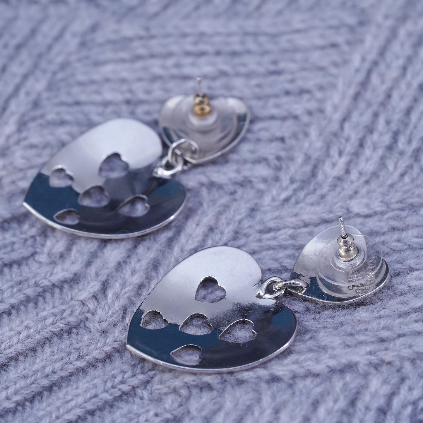 Mexican Sterling silver handmade earrings, 925 heart dangles with heart cut out