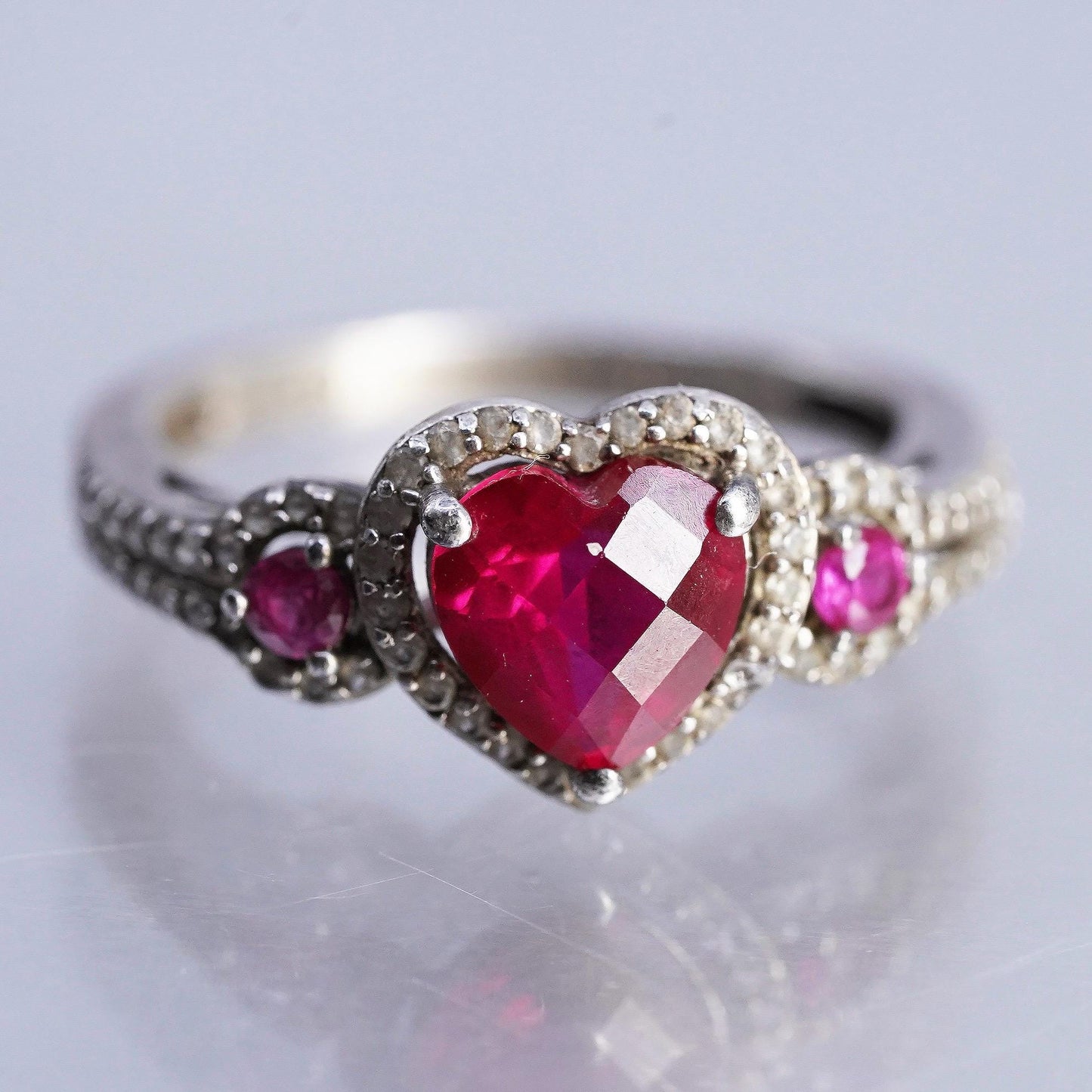 Size 7, PM 925 Sterling Silver Ruby Diamond Heart Ring, July Promise Heart Halo