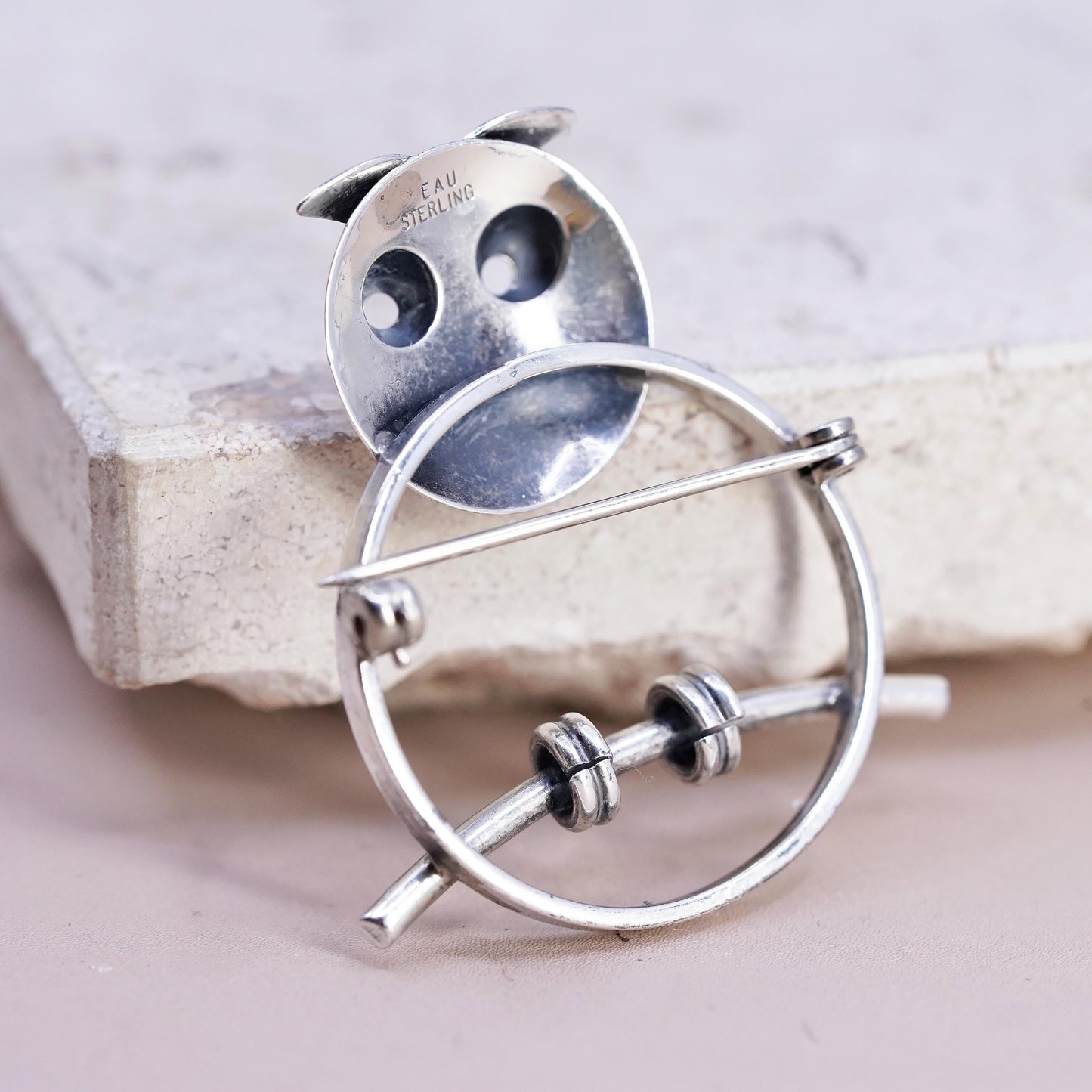 Vintage Beau sterling silver handmade brooch, simplified 925 owl pin