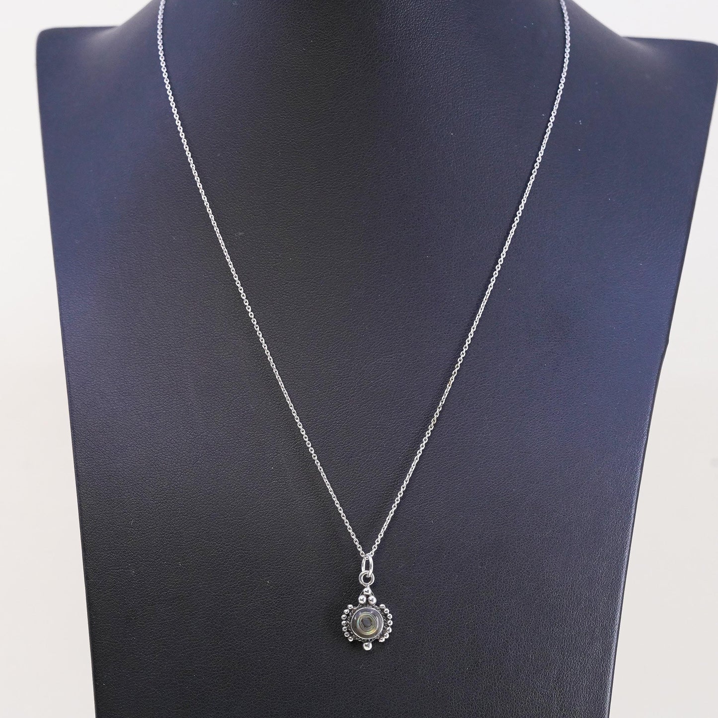 18” sterling 925 silver handmade circle chain with abalone inlay beaded pendant