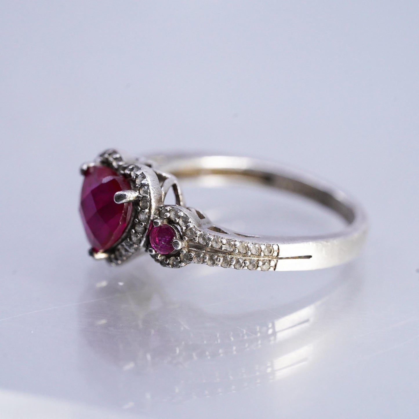 Size 7, PM 925 Sterling Silver Ruby Diamond Heart Ring, July Promise Heart Halo