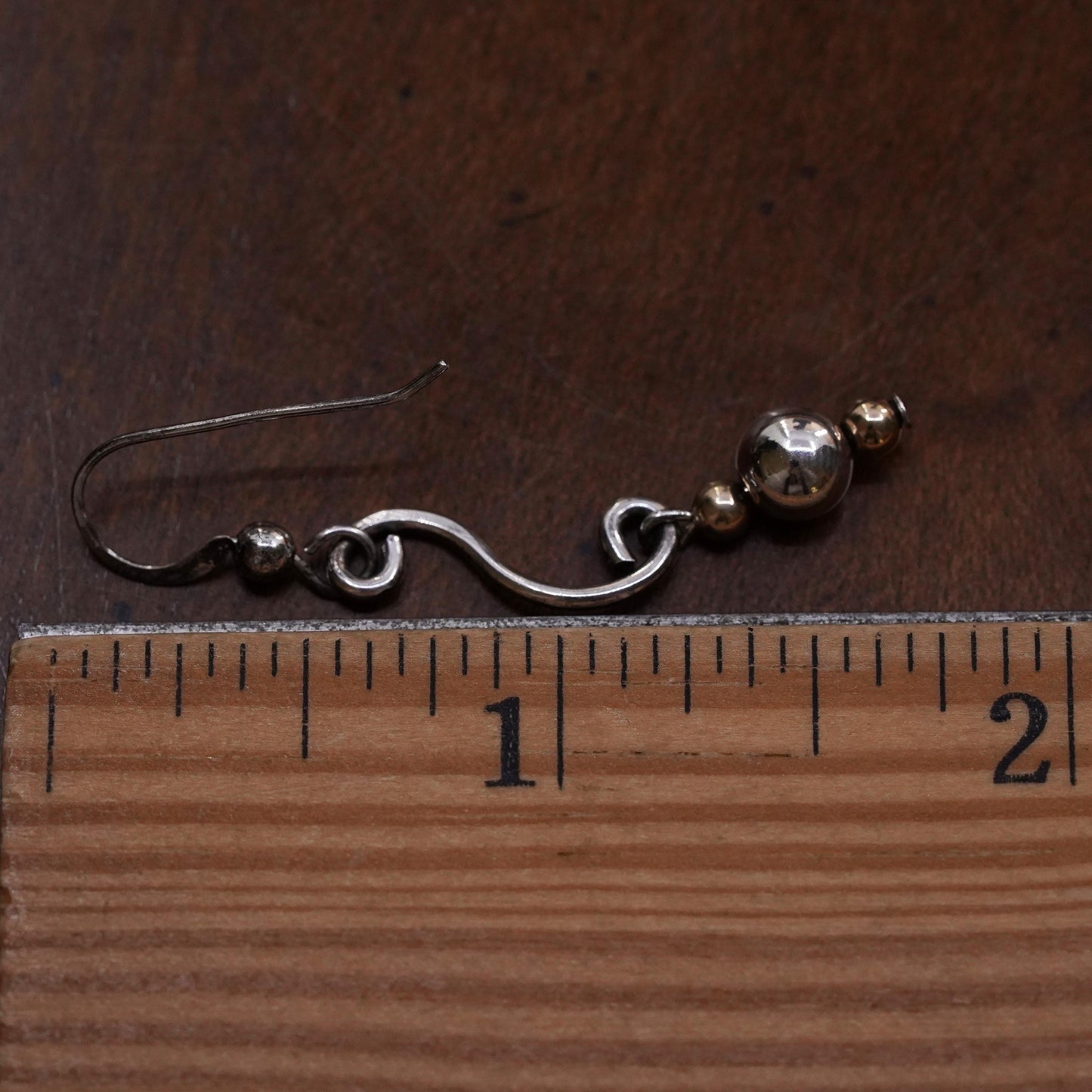 Vintage two tone sterling silver handmade single earring 14K yellow gold beads