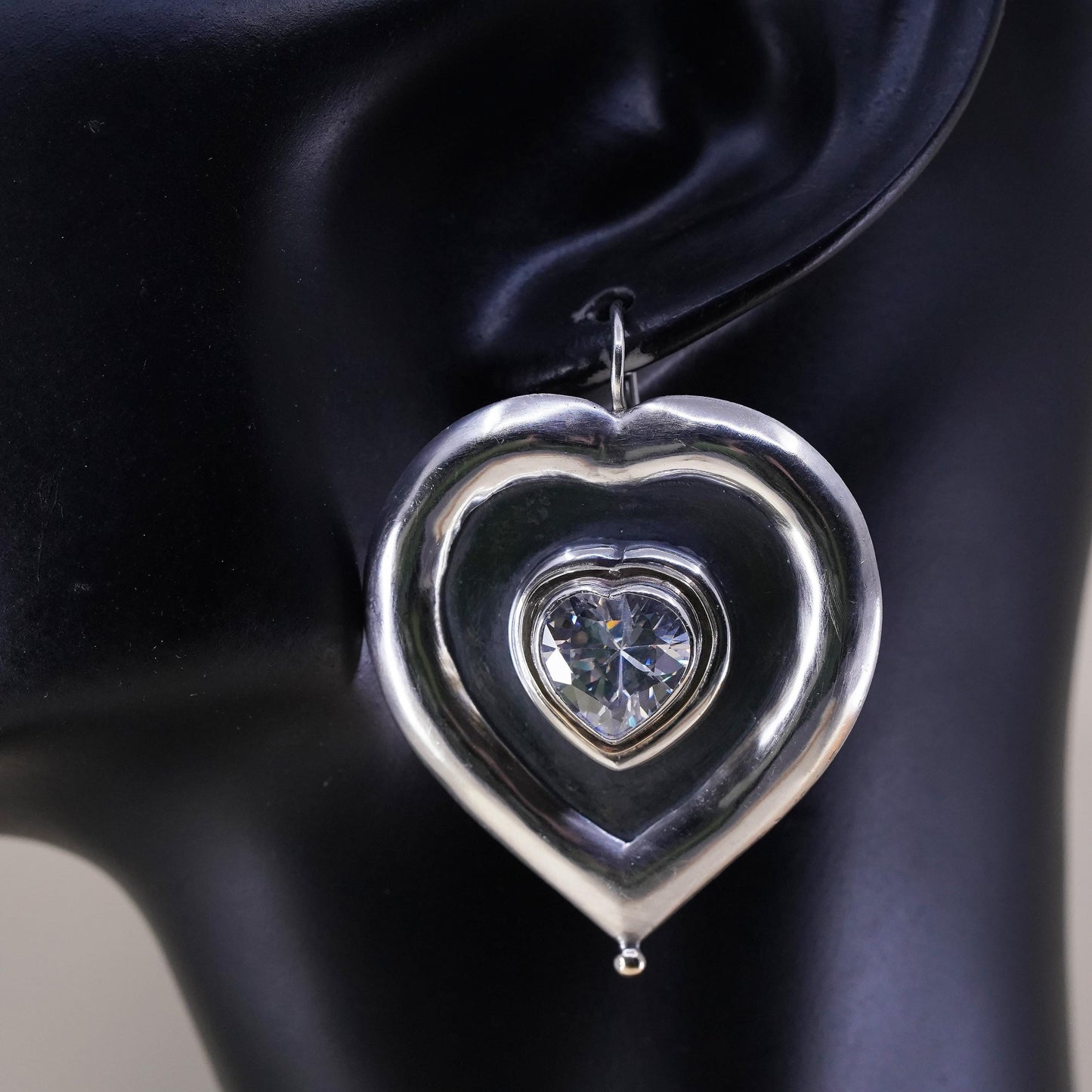 Vintage sterling silver handmade earrings, huge 925 silver heart with CZ