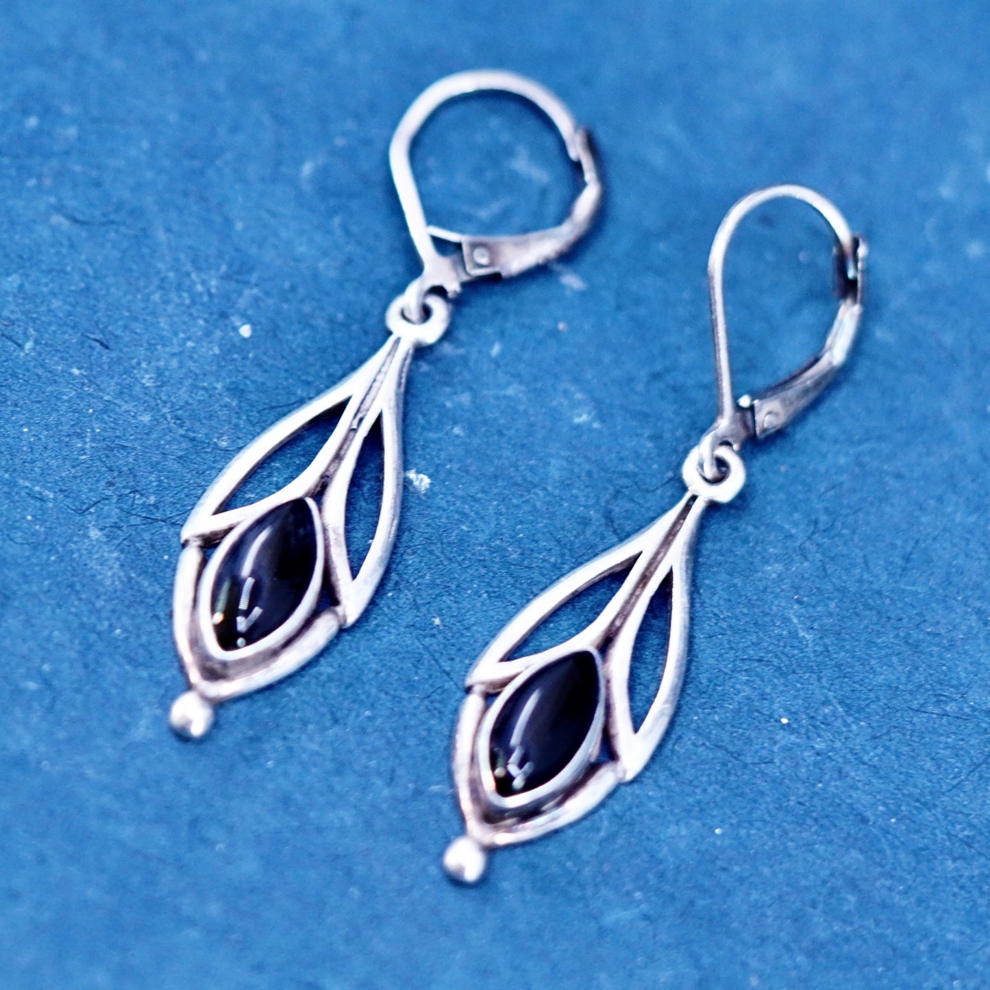 Vintage sterling 925 silver handmade earrings with marquise shaped obsidian