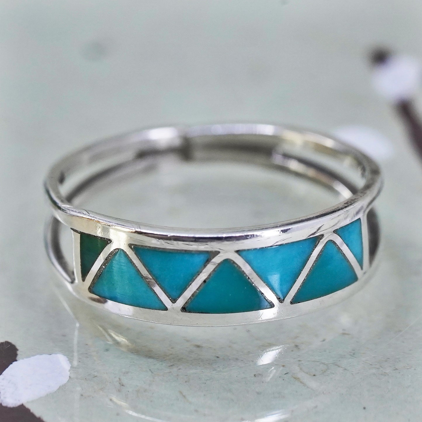 Size 6, Jason & Pearl Sterling silver ring, 925 zig zag band turquoise, Zuni