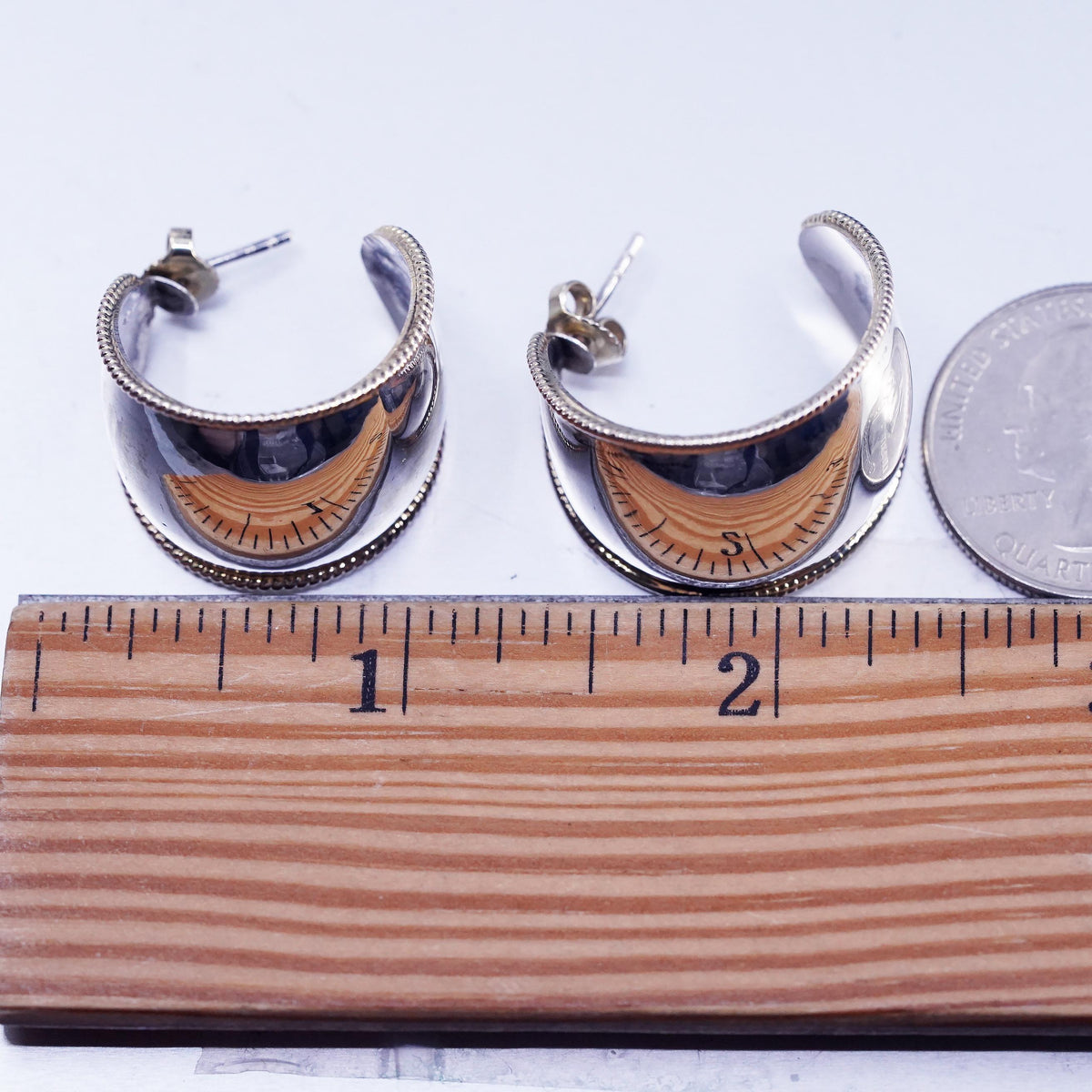 Two Tone Sterling 925 Silver Wide Hoop Earrings, Sculptural Curved Half Hoops