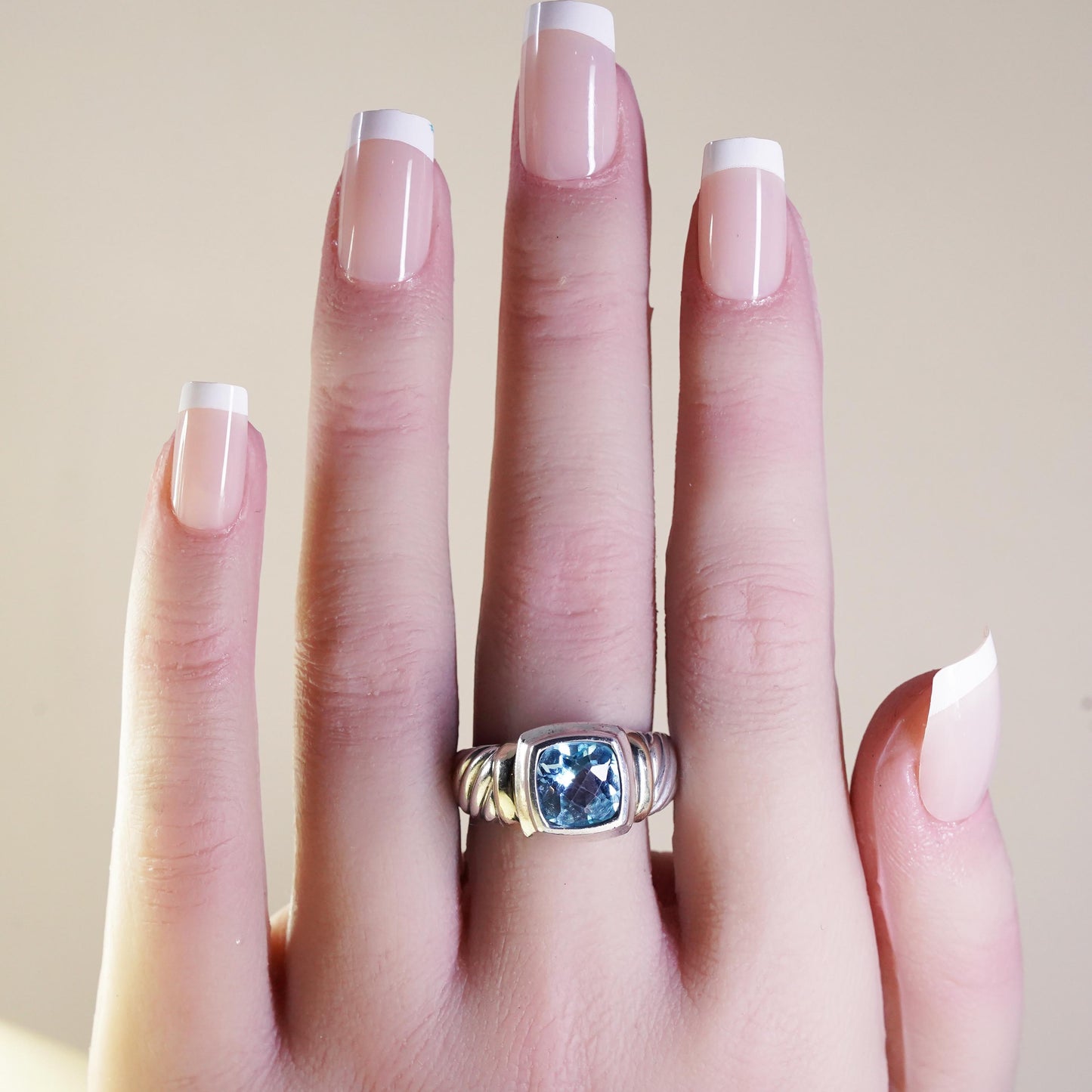 Size 8.75, David Yurman Sterling 925 silver cable ring square blue topaz 14K