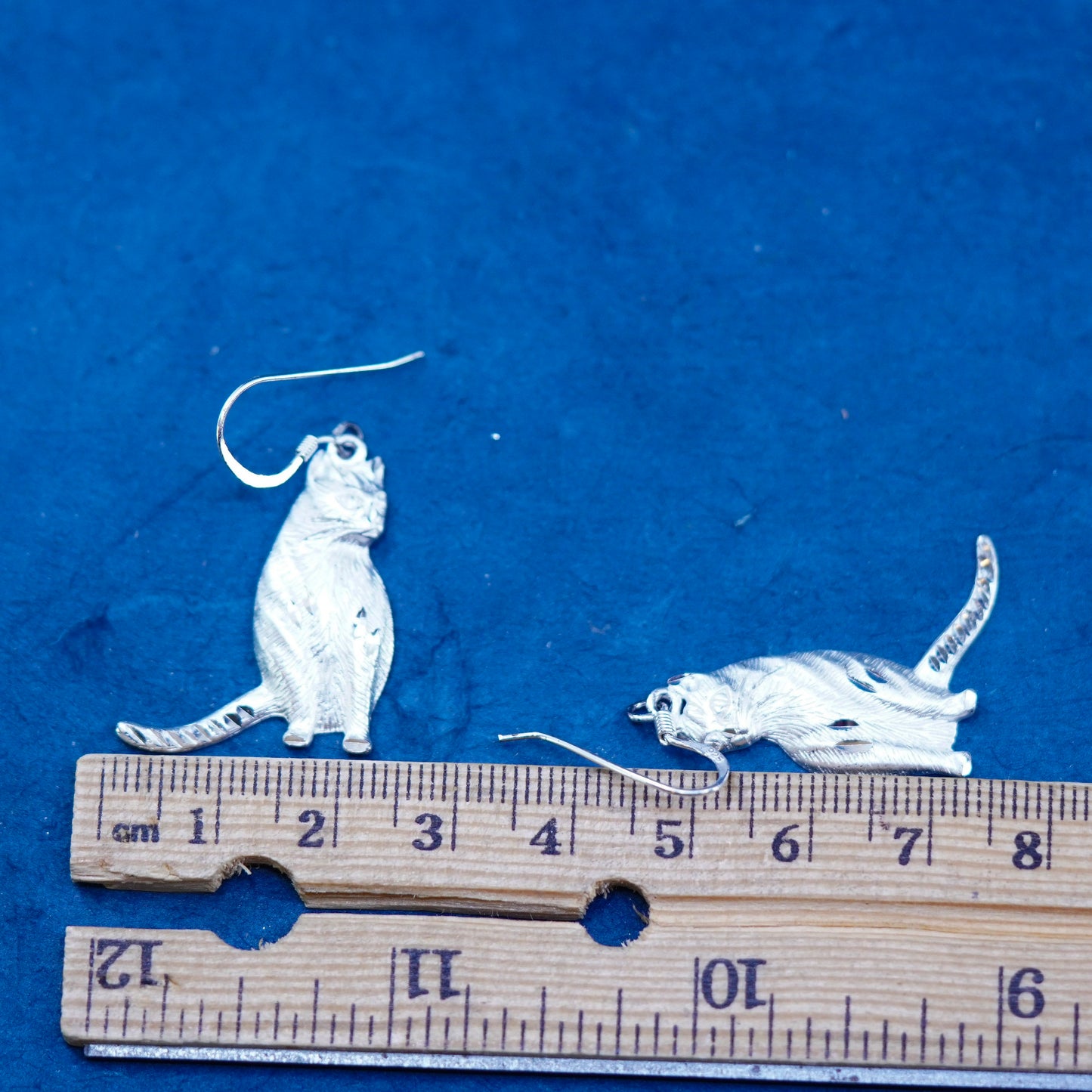 Vintage sterling silver handmade earrings, 925 kitty cat dangles