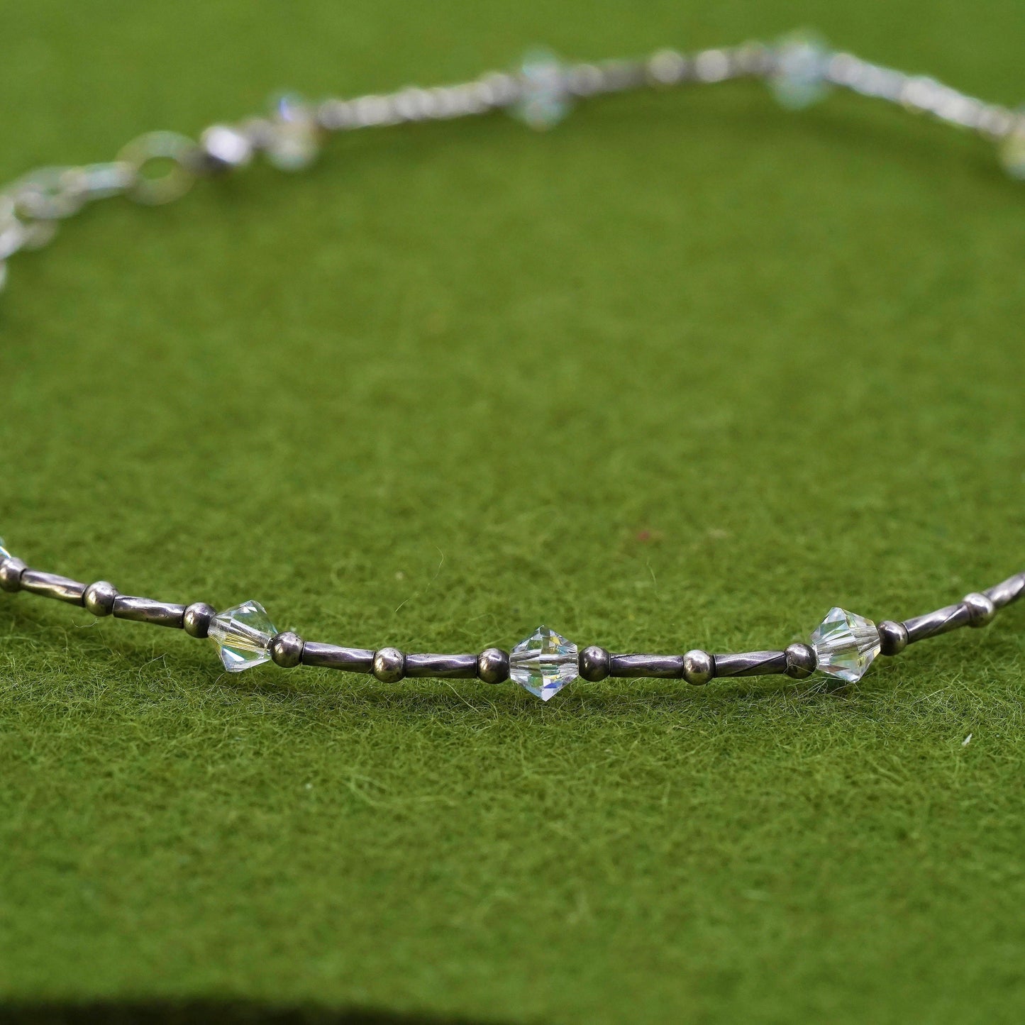 9", Vintage Handmade sterling silver anklet, 925 bar chain with crystal beads