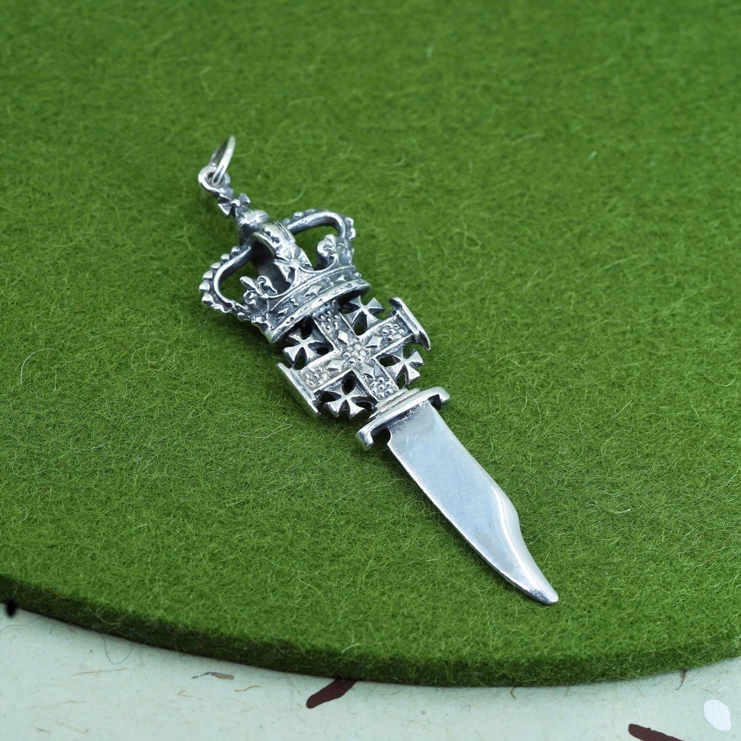 Vintage Sterling silver handmade pendant, 925 Christian crown dagger