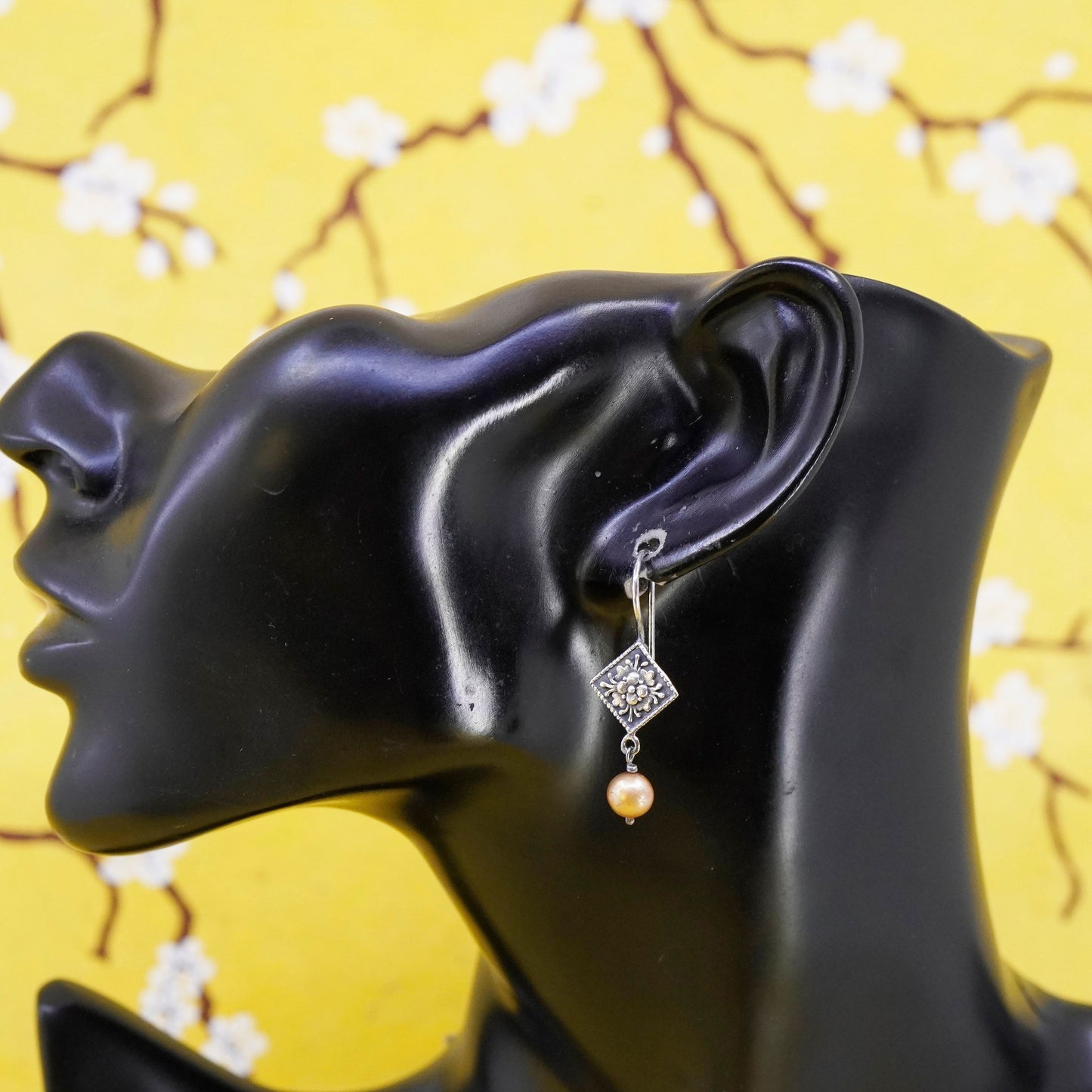 Vintage sterling silver handmade earrings, 925 square flower drops with pearl