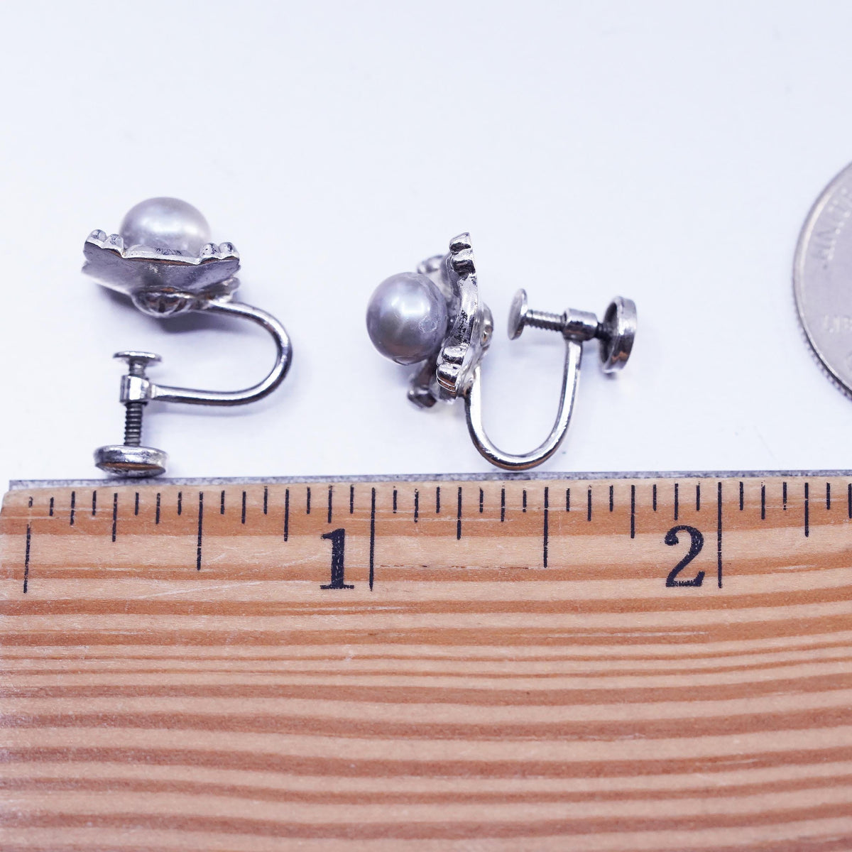 Vintage AMCO Sterling 925 Silver Handmade Screw Back Earrings With gray pearl