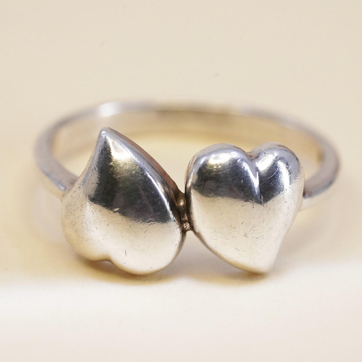 Size 6, Vintage sterling silver handmade ring, 925 double heart band