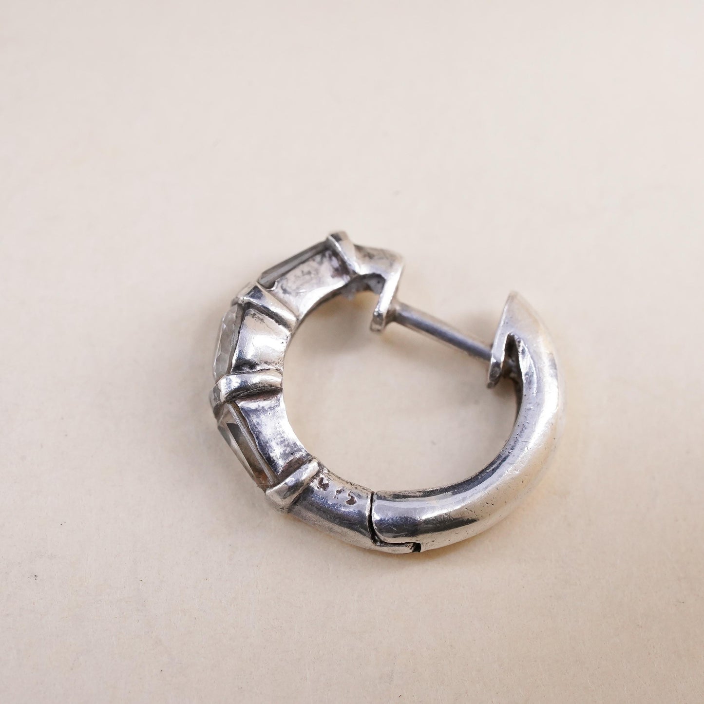 0.5", Vintage sterling silver loop single earring, minimalist hoop with cz