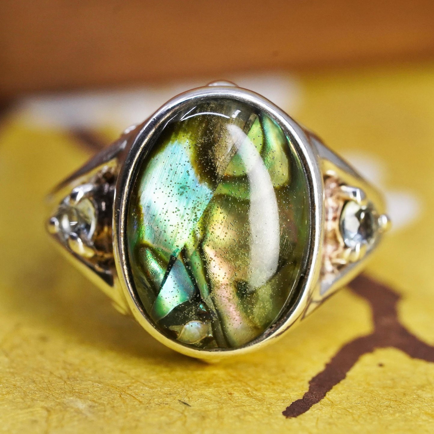 Size 5.25, Vintage RJ sterling silver handmade ring, 925 band w/ abalone inlay