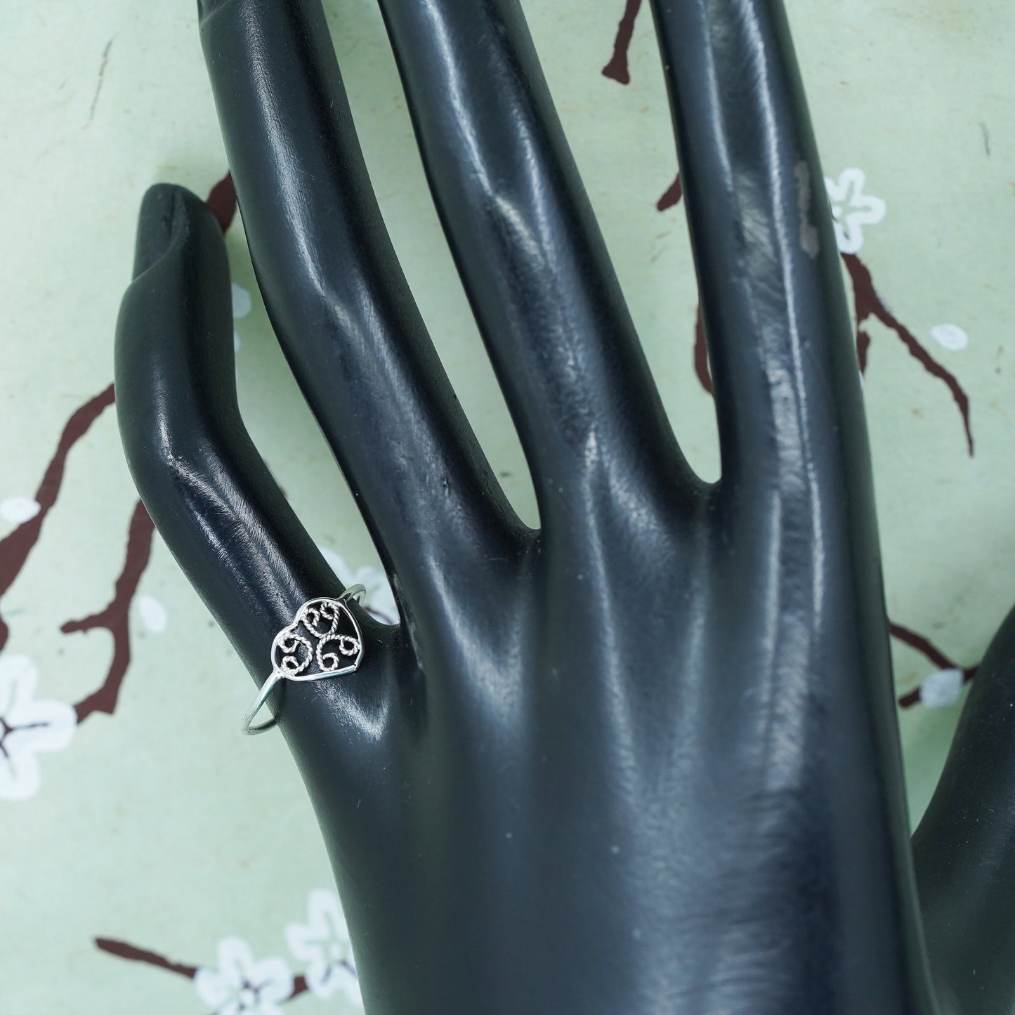 Size 5.5, Vintage sterling silver handmade wired ring, 925 filigree heart band