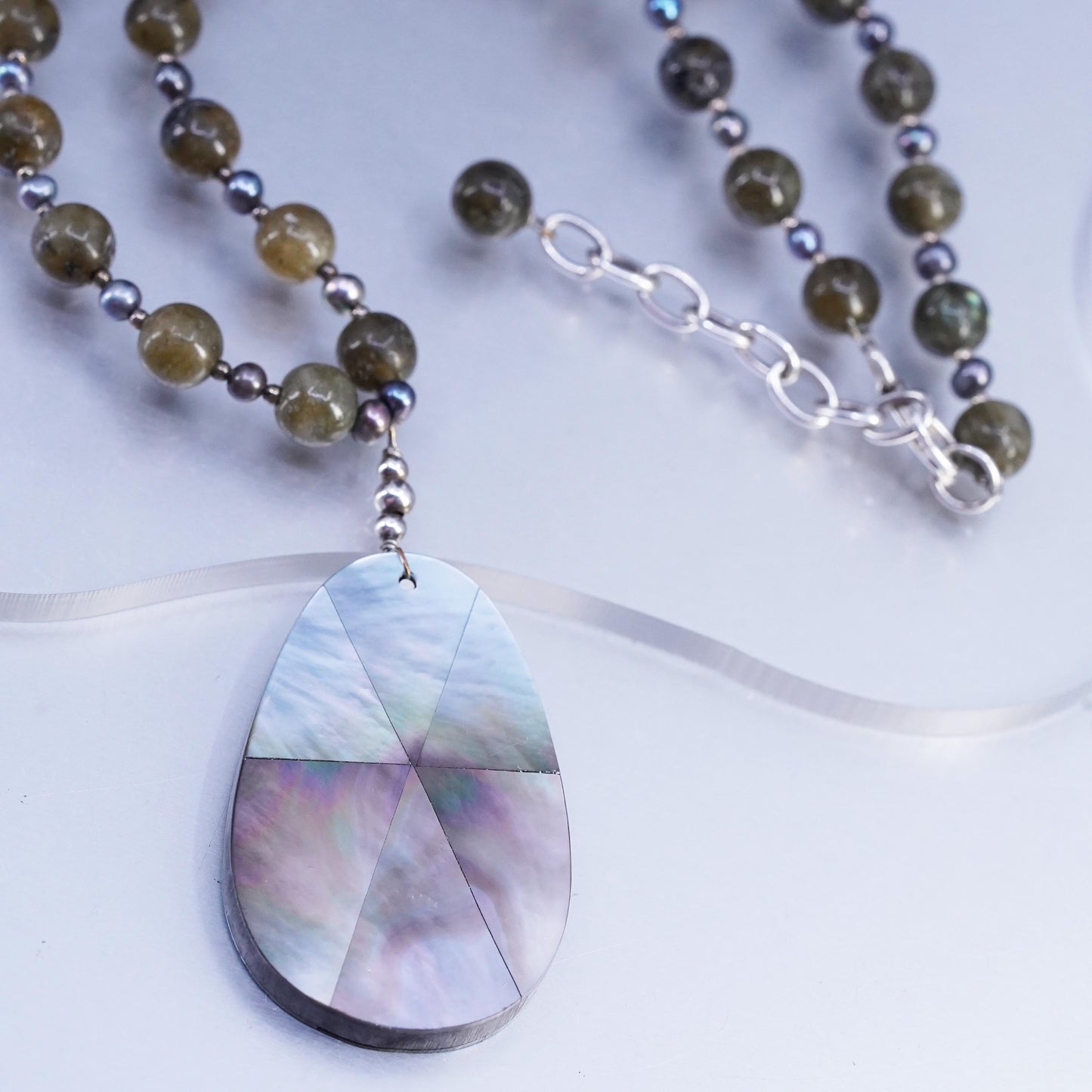 16+2", Sterling Silver 925 necklace labradorite beads teardrop abalone pendant