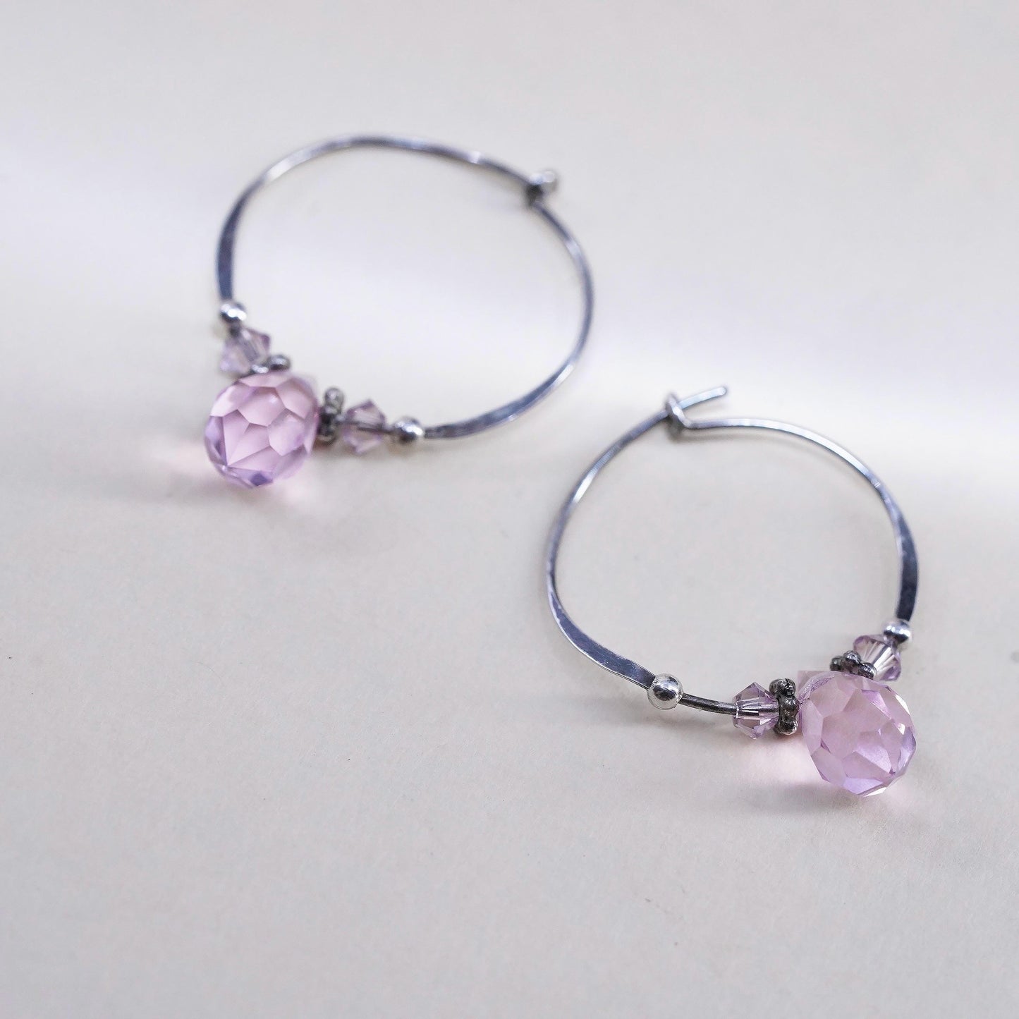 0.75", Vintage sterling 925 silver earrings, fashion hoops pink crystal beads
