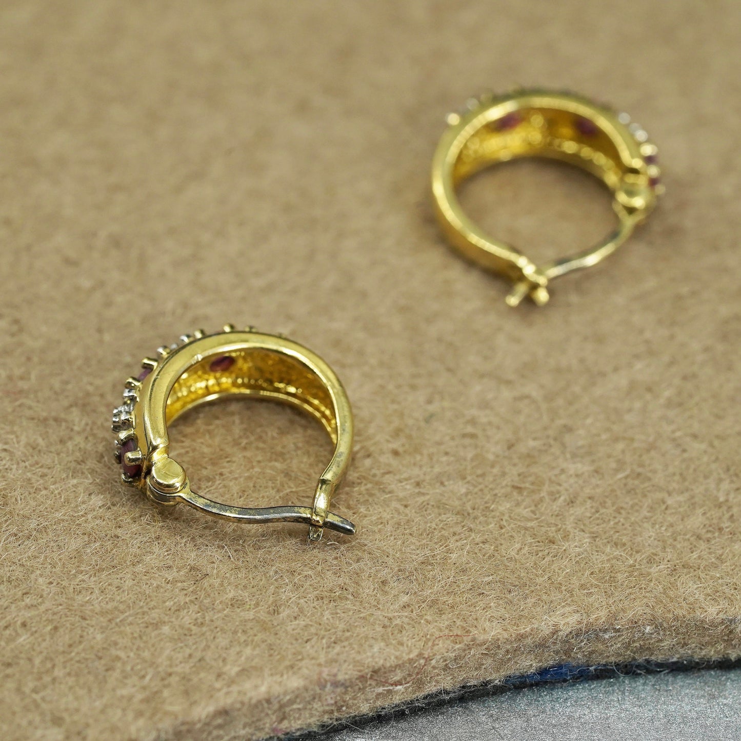 0.5”, vermeil gold over Sterling silver earrings, 925 huggie hoops ruby diamond