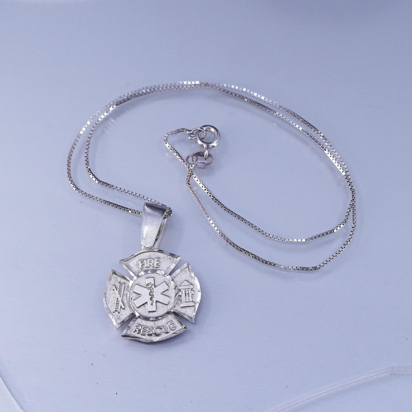16”, Sterling 925 silver box necklace cross pendant fire rescue The Caduceus