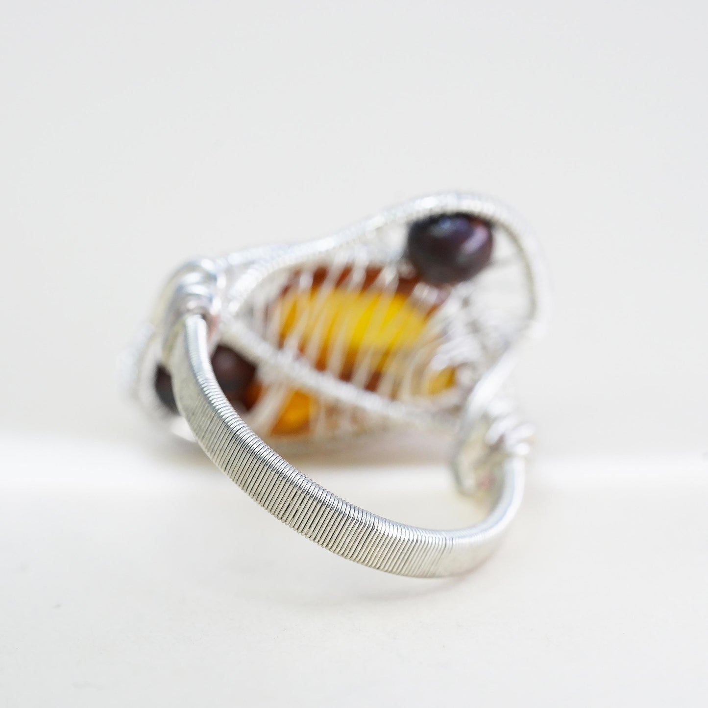 Size 9.5, vintage sterling 925 silver handmade wired ring with amber beads