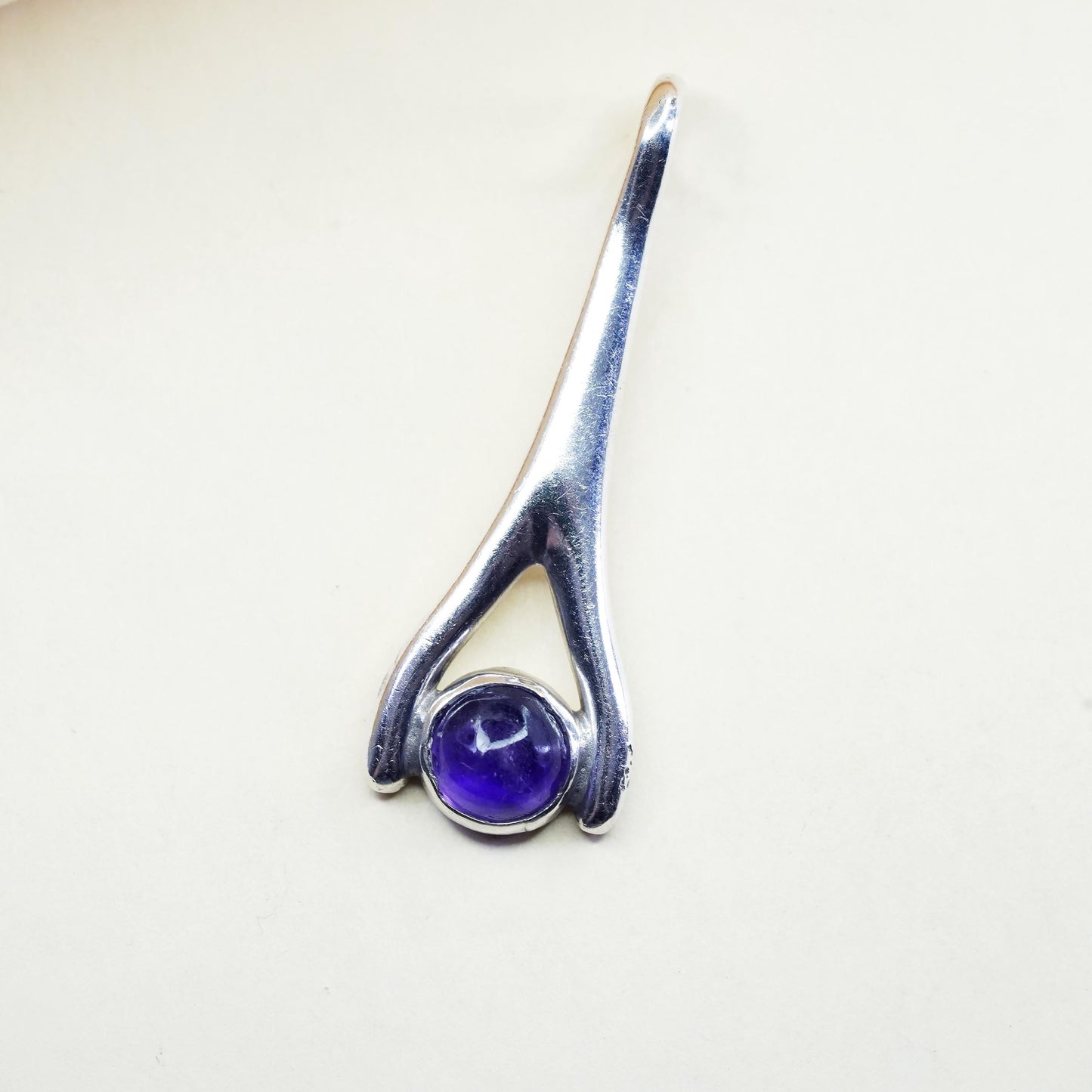 Vintage Mexican CCC Sterling 925 silver handmade wishbone pendant with amethyst