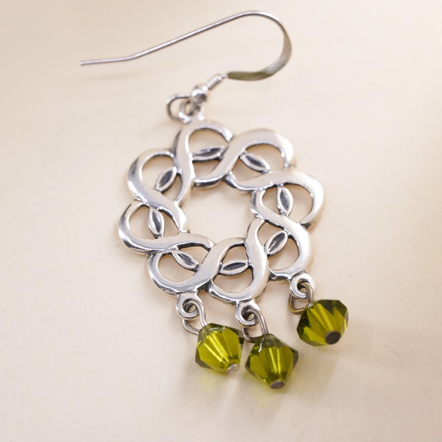 sterling silver single earring, 925 silver Irish Celtic knot peridot dangles
