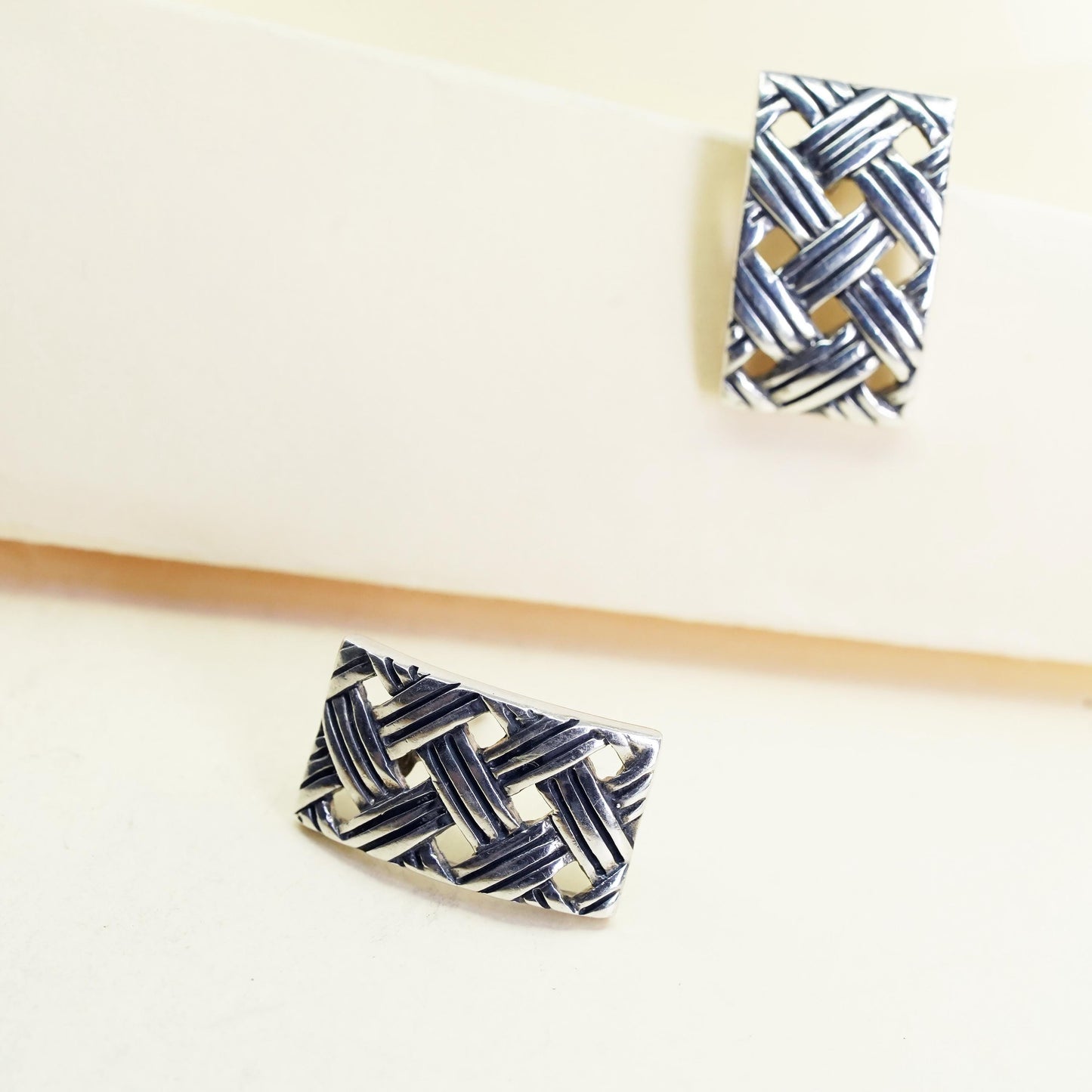 Vintage Sterling silver handmade rugtangular earrings, 925 woven braided studs
